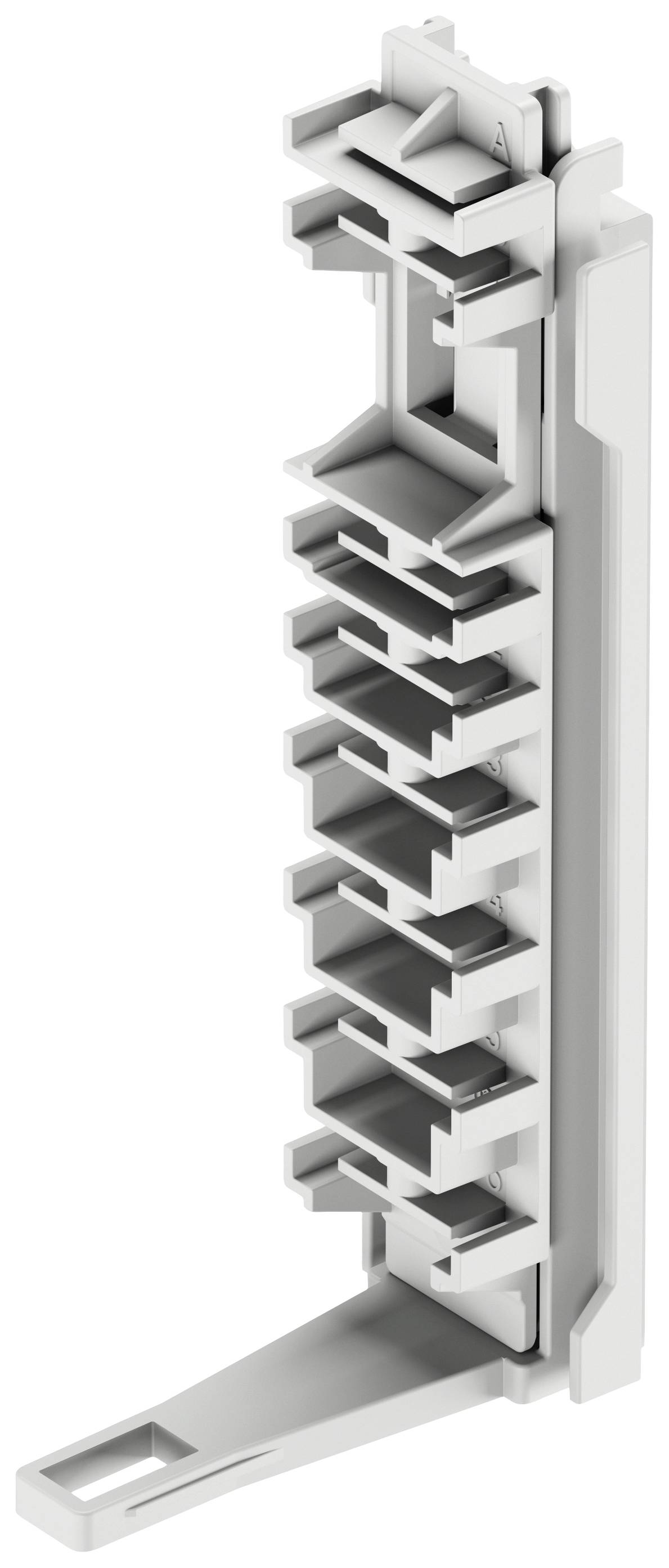 A vertical, grey, multi-stage plastic component with multiple slots for electronic connections or modules.