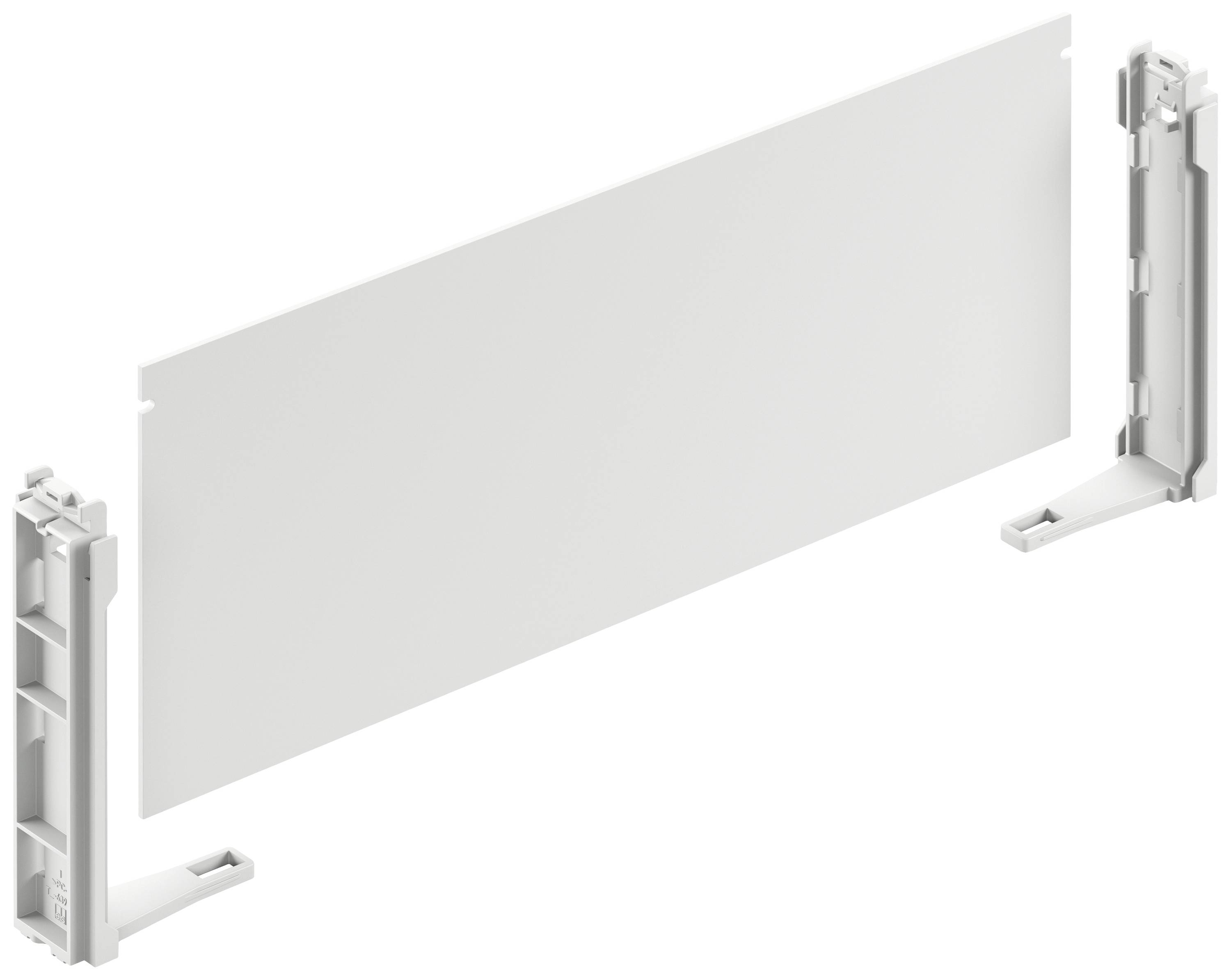 A white plastic partition panel with two mounting brackets at the ends, used for fixing or securing.