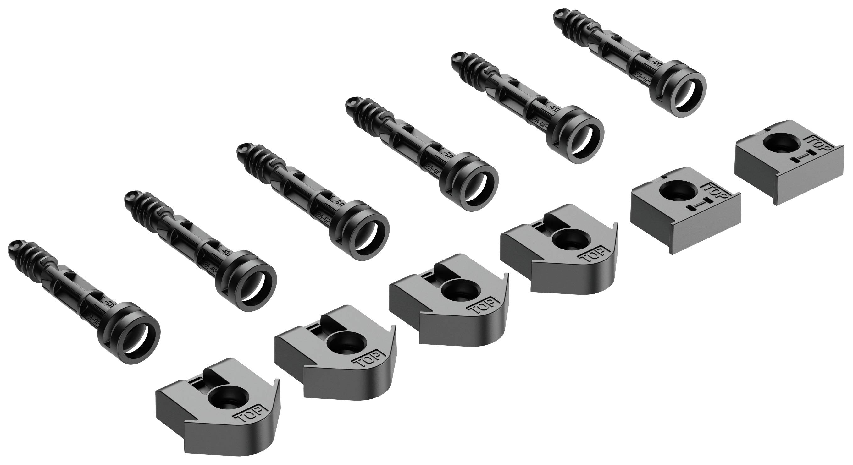 Eight black plastic fastening elements, consisting of four wall plugs and four matching insertion modules, arranged in two rows.