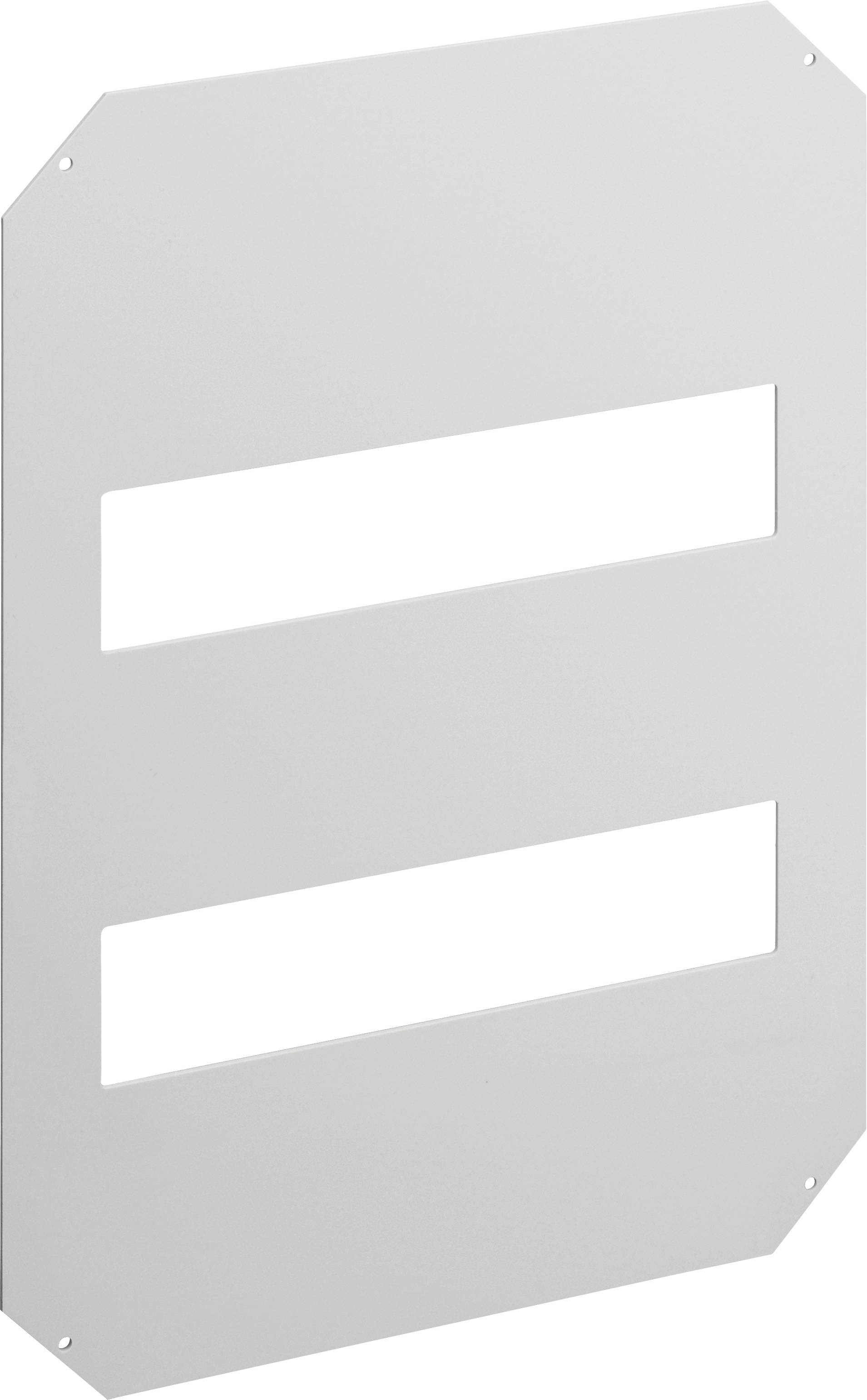 Metal plate with two rectangular, horizontal openings in the centre, likely used for ventilation or as a cover.