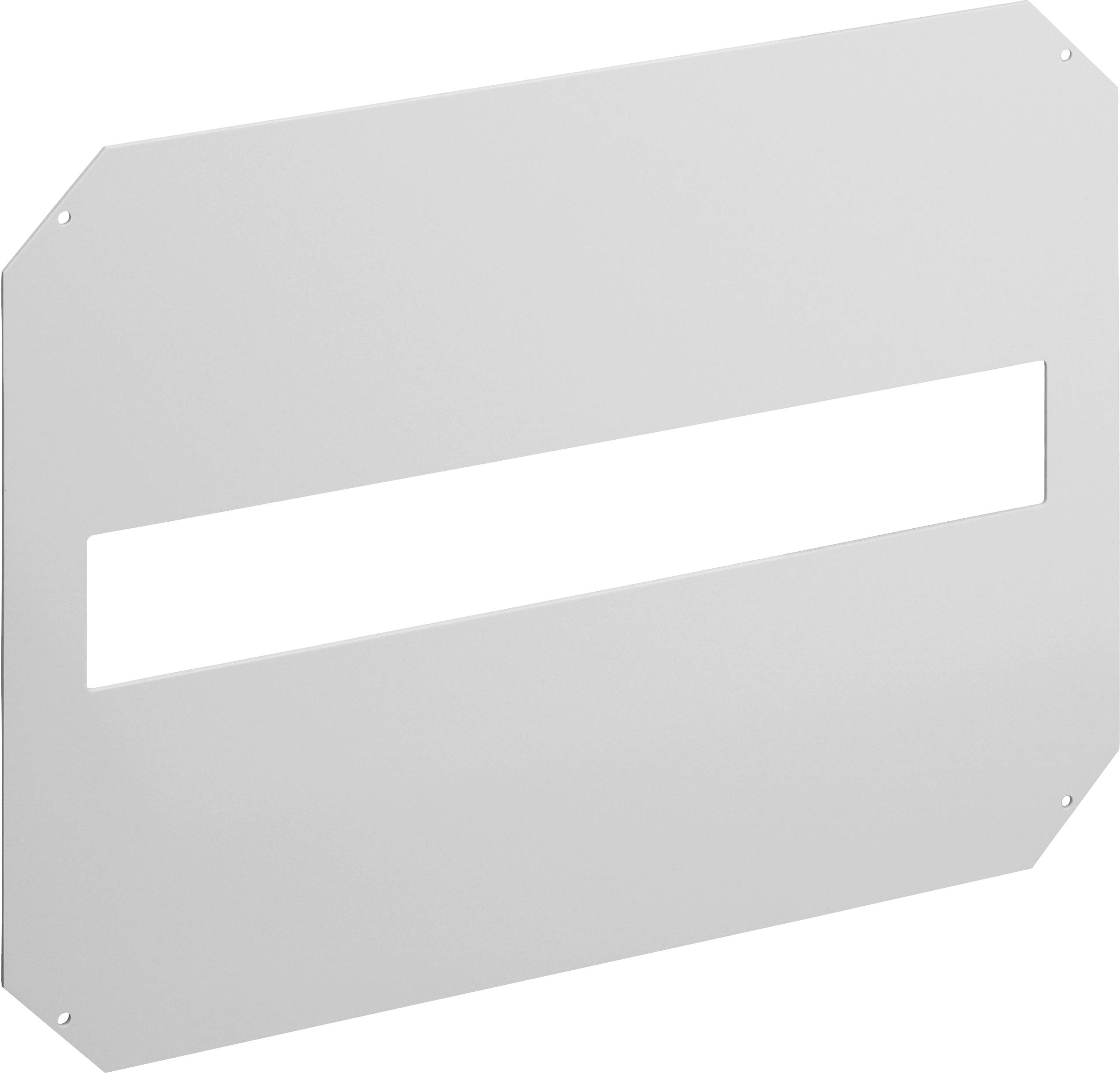 Metal plate with a rectangular cut-out in the centre, suitable for covering or protection.