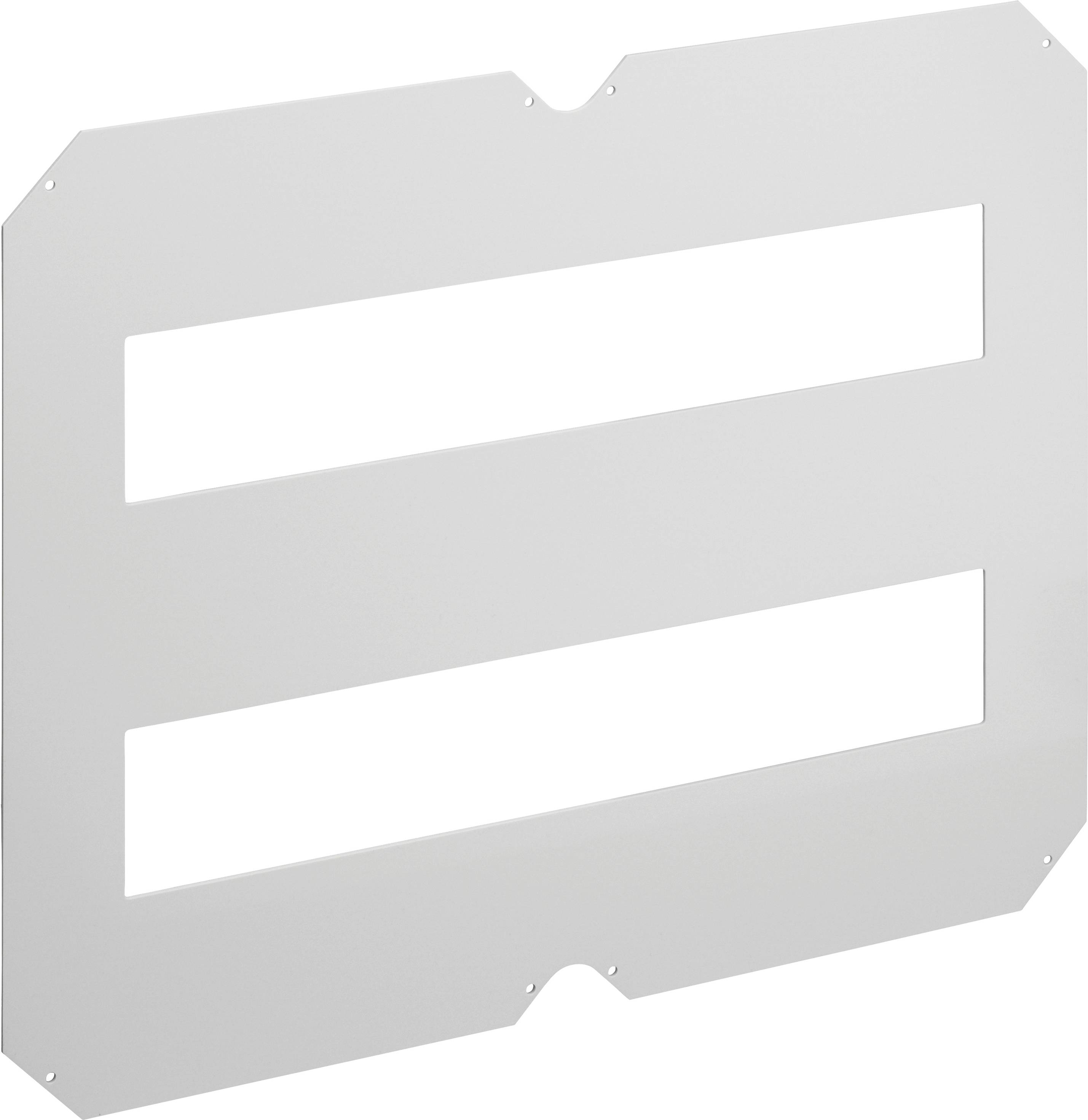 Metal plate with two rectangular cut-outs, likely used as a cover or mounting bracket. Rectangular, flat structure.