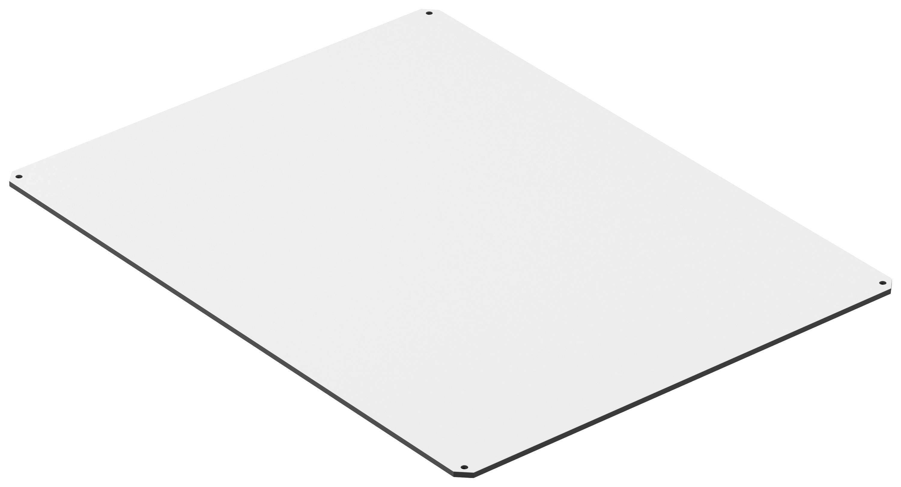 A flat, white plate with four visible corners, viewed slightly from above.