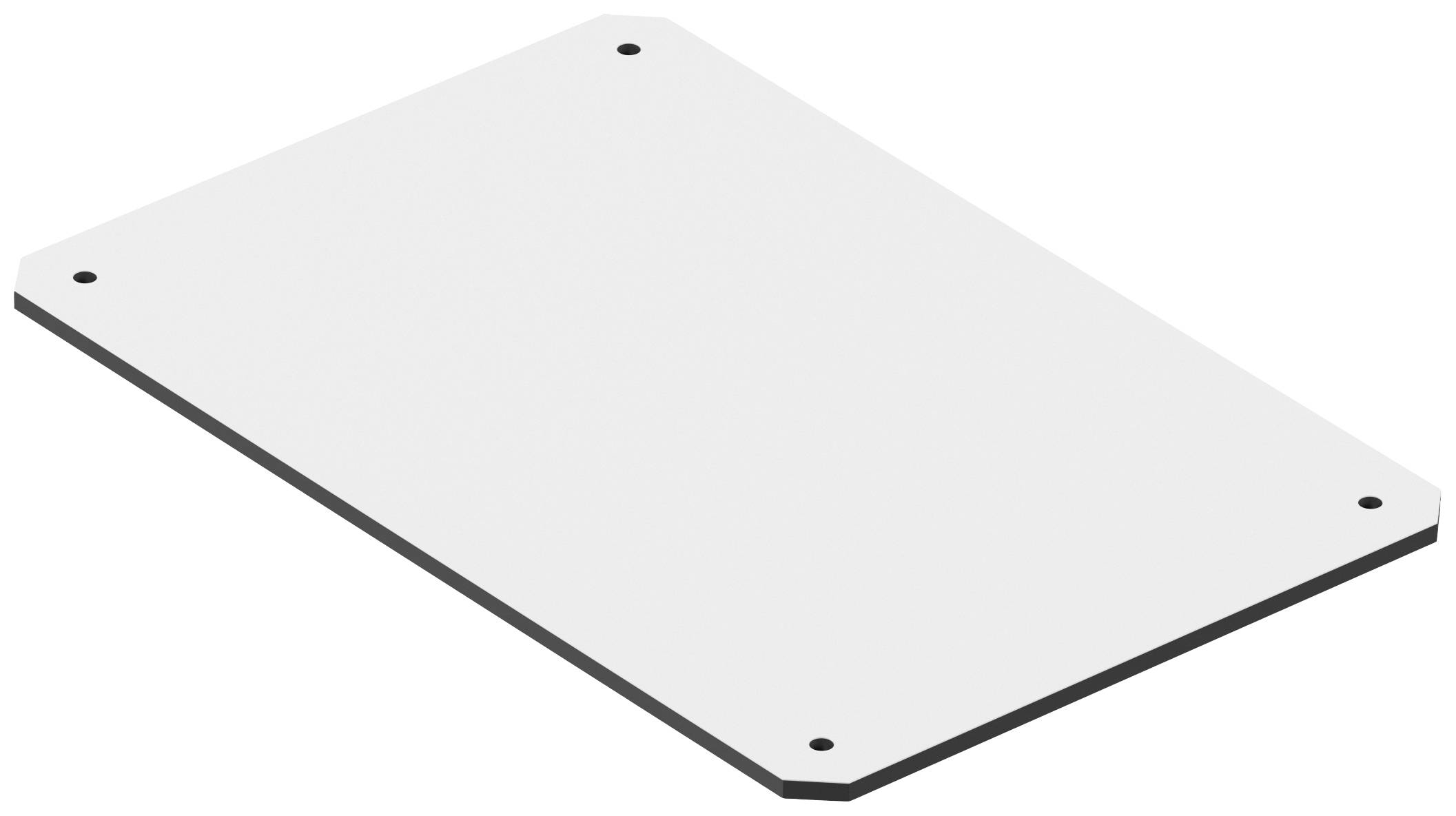 White rectangular plate with rounded corners and one hole in each corner, possibly for fixing points.