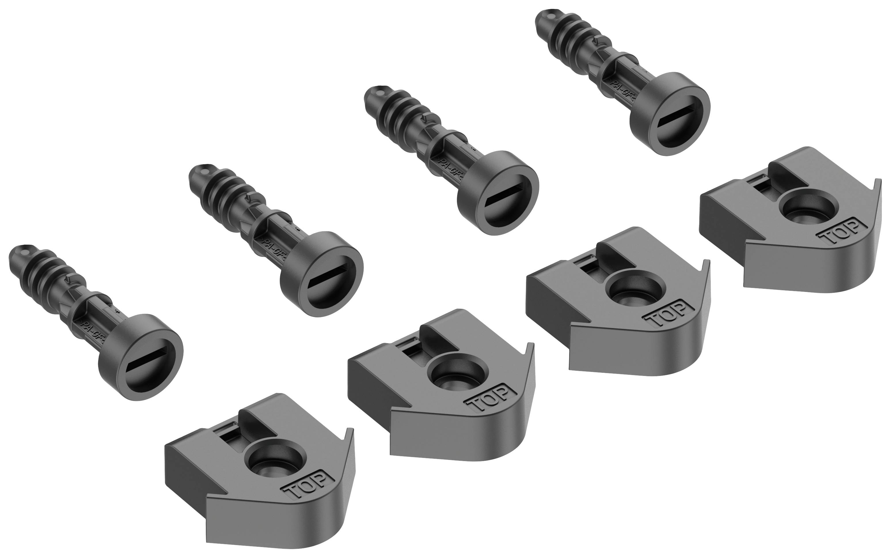 Black furniture hinges and screws; five locks and screws used for securing furniture components.