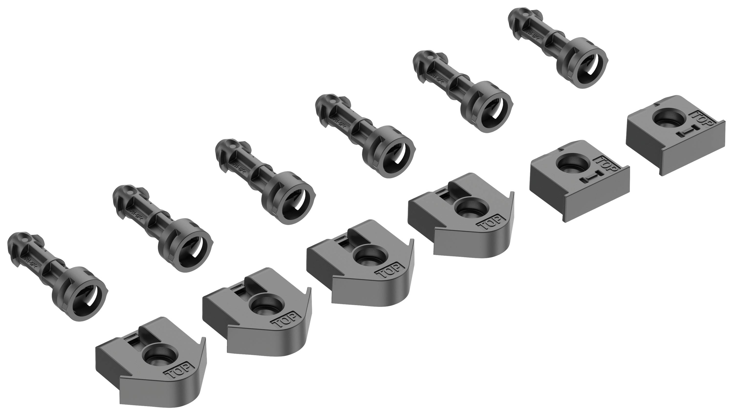 Six grey screws and five grey plastic clips laid out side by side on a white background, arranged for assembly.