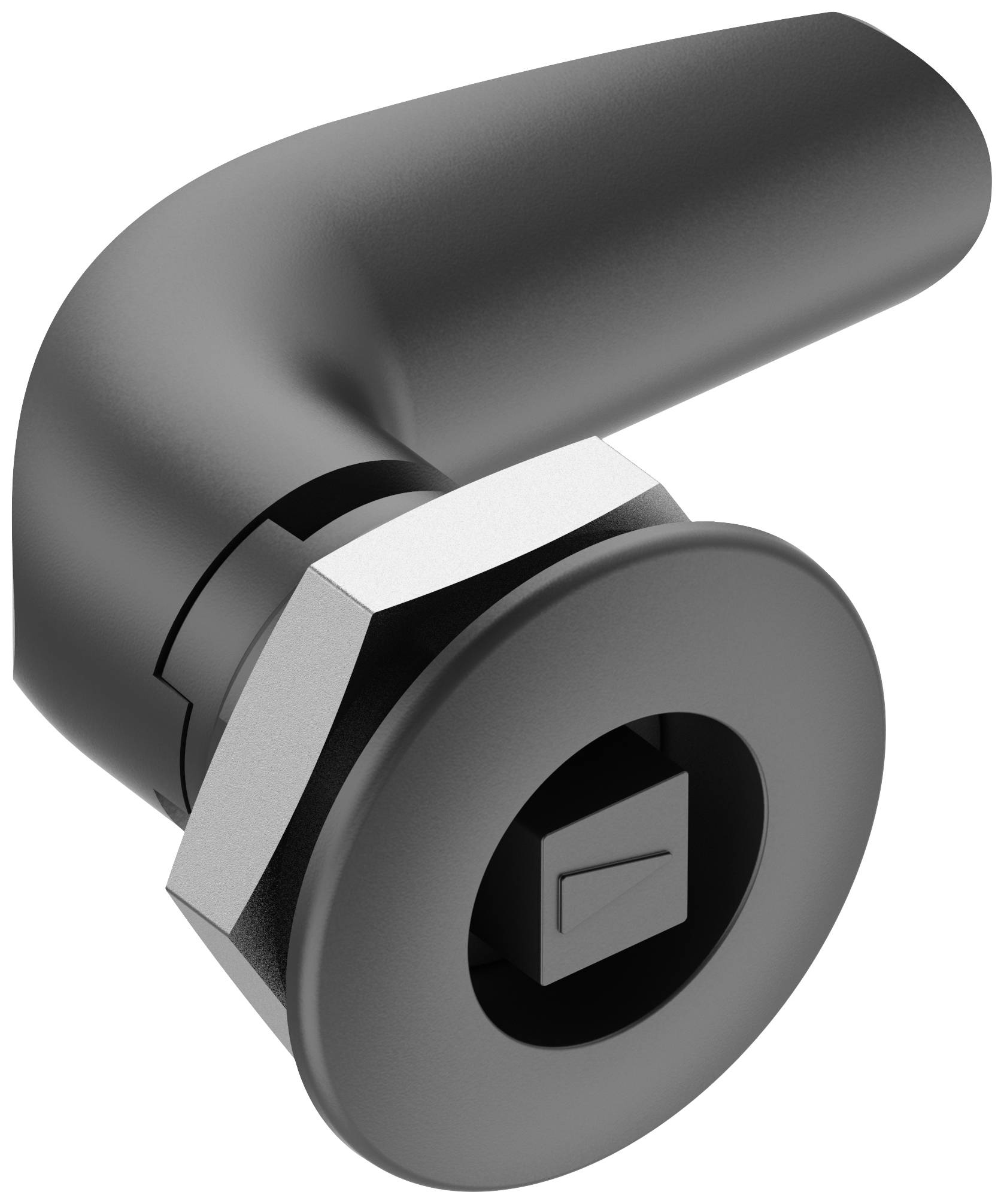 A black, angular handle with a hexagonal nut, possibly part of a locking mechanism or device.