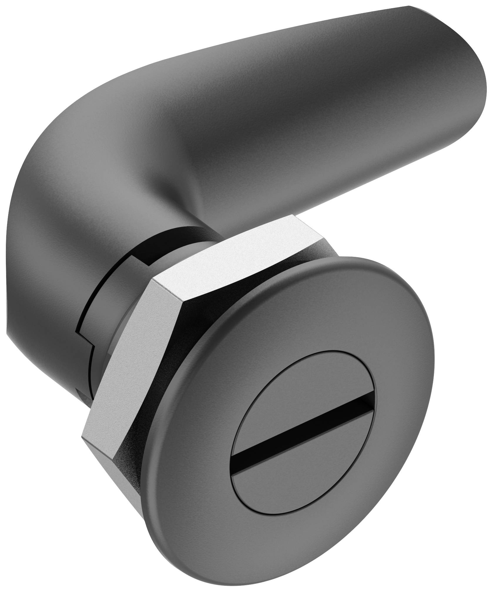 A black locking mechanism with a round handle and a slot opening for a screwdriver. Used for securing doors or cabinets.