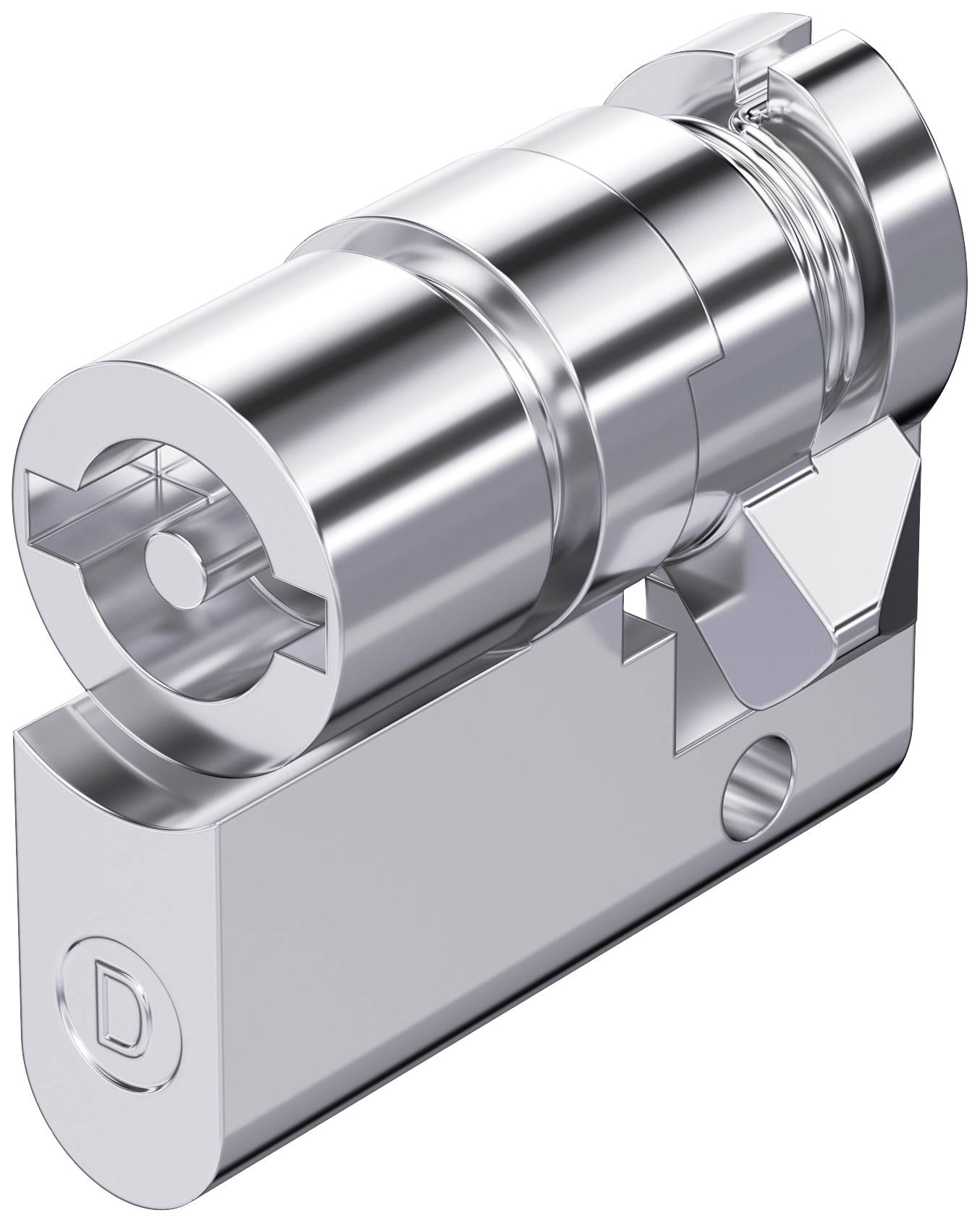 A metallic furniture lock, cylindrically shaped, with a side clamp for attachment to a surface.