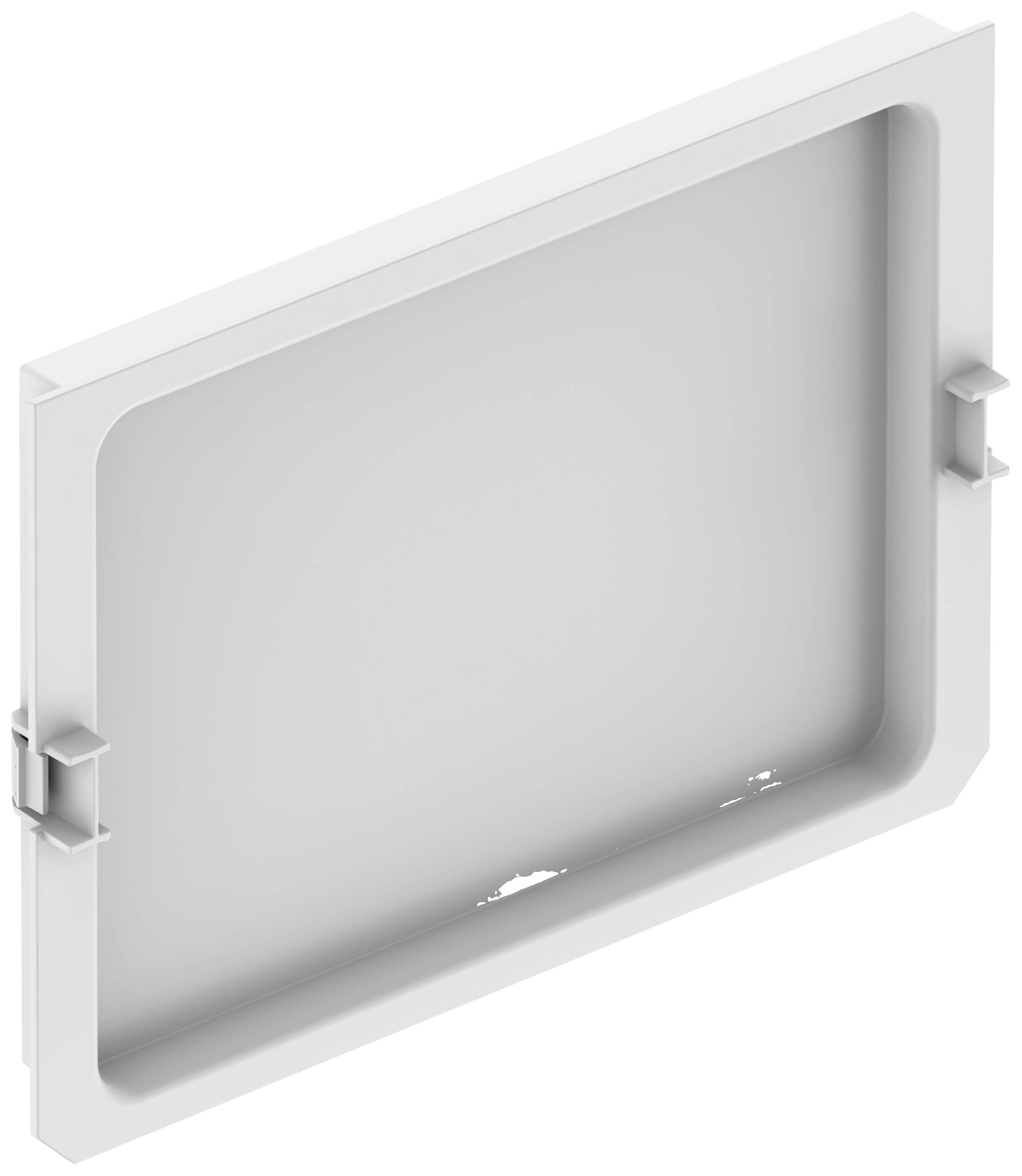 Rectangular white plastic cover with clips on the sides, suitable for covering openings or ventilation ducts.