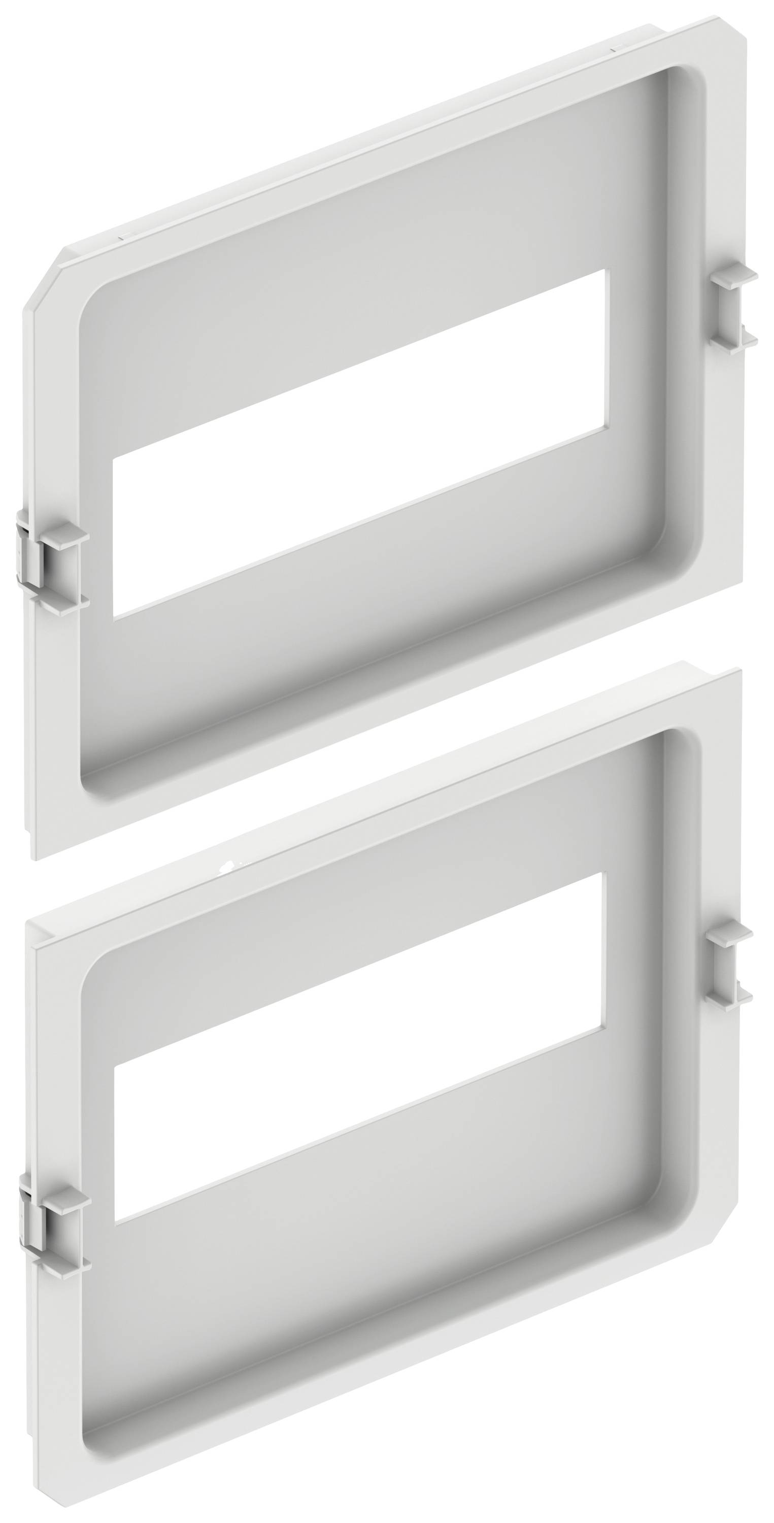 Two rectangular, white ventilation grilles with a central rectangular cut-out, positioned side by side.