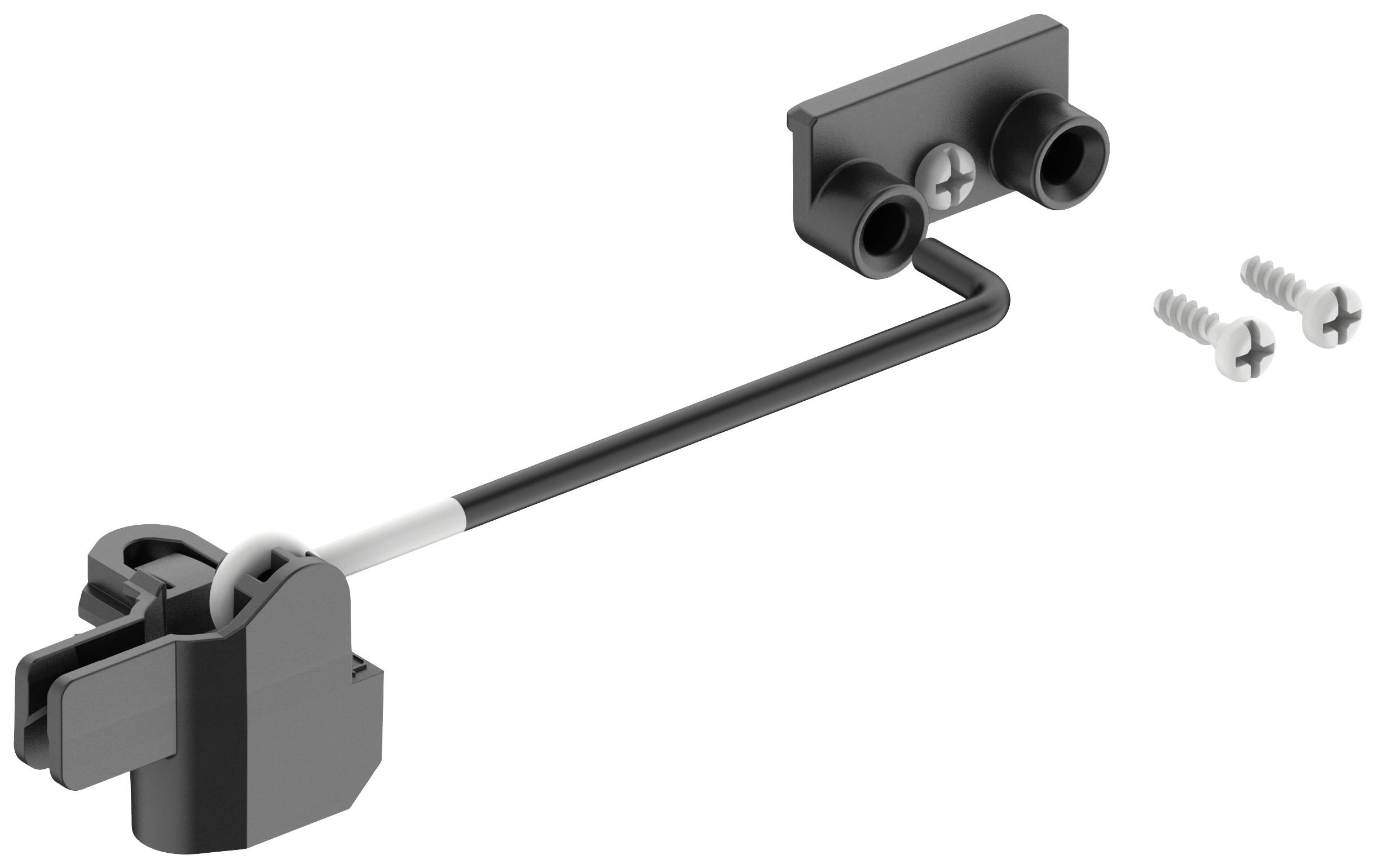 Black cable holder with screw fixing and two separate screws, for secure fastening of cables to surfaces.