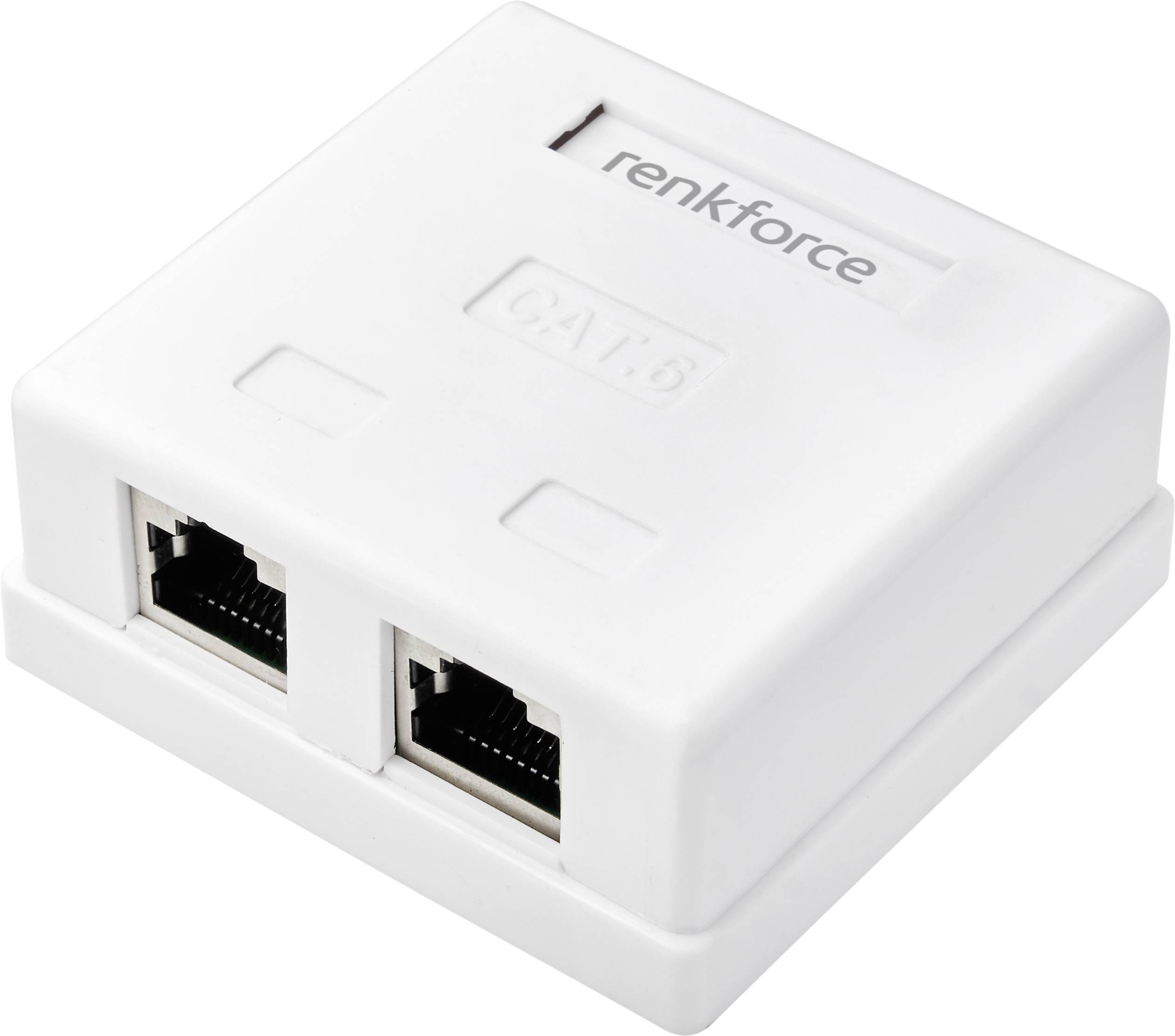 Two-port network socket for CAT.6 cables, white housing, brand 'renkforce'.