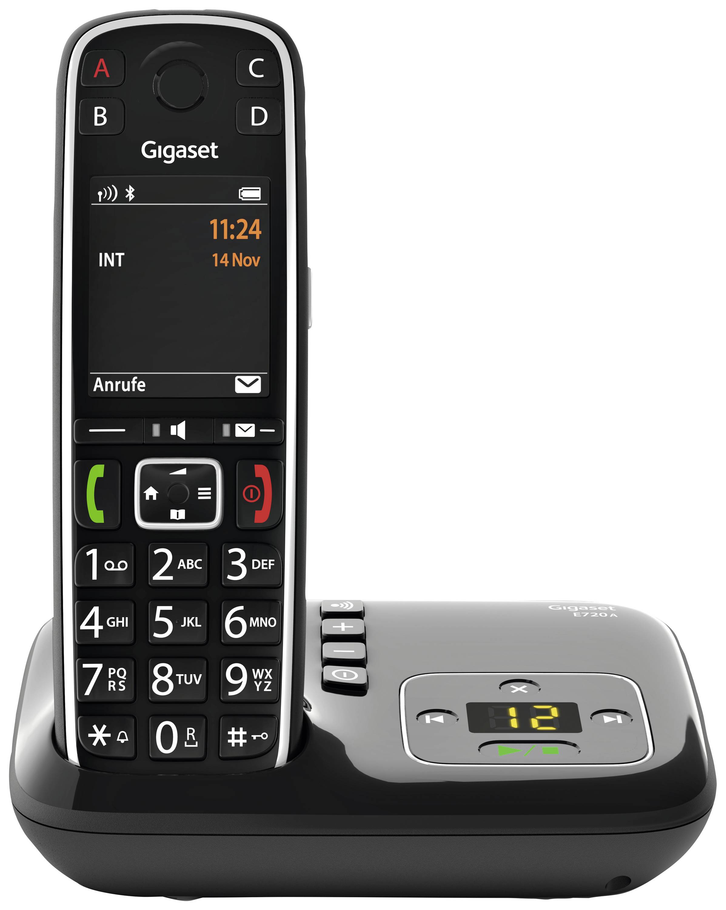 A black cordless telephone with a display shows the time as '11:24' and the date. The base station has a display reading '12'.