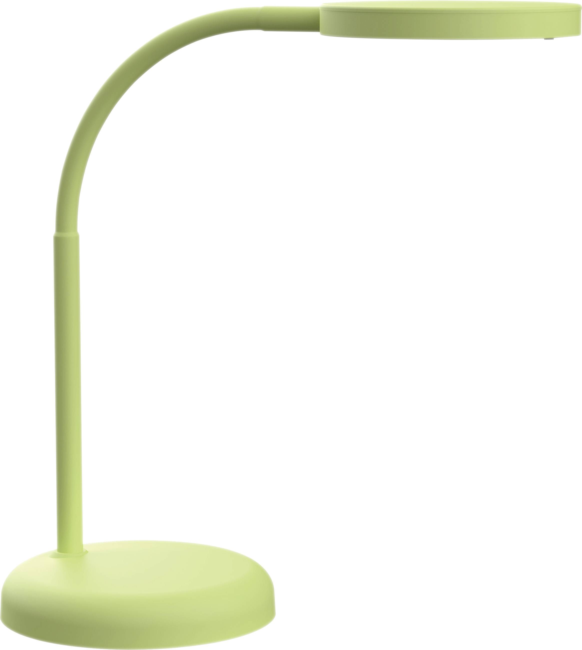 Green desk lamp with a modern, curved design on a round base. Perfect for desk work with direct lighting.