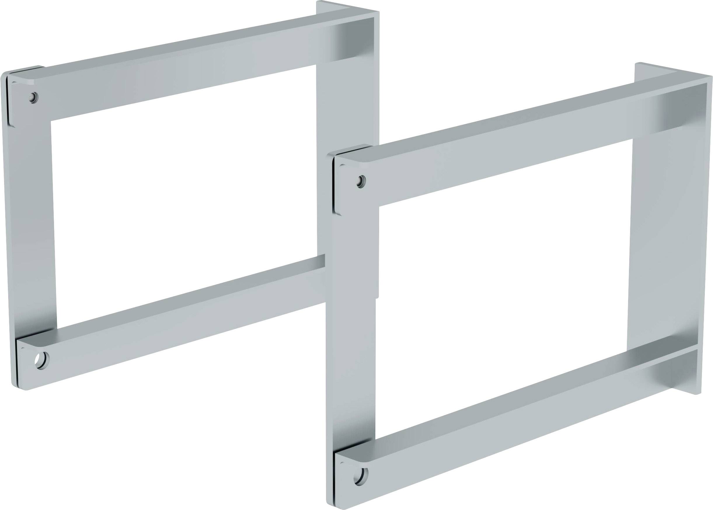 Two grey, rectangular metal brackets positioned parallel to each other. They appear suitable for securing objects.