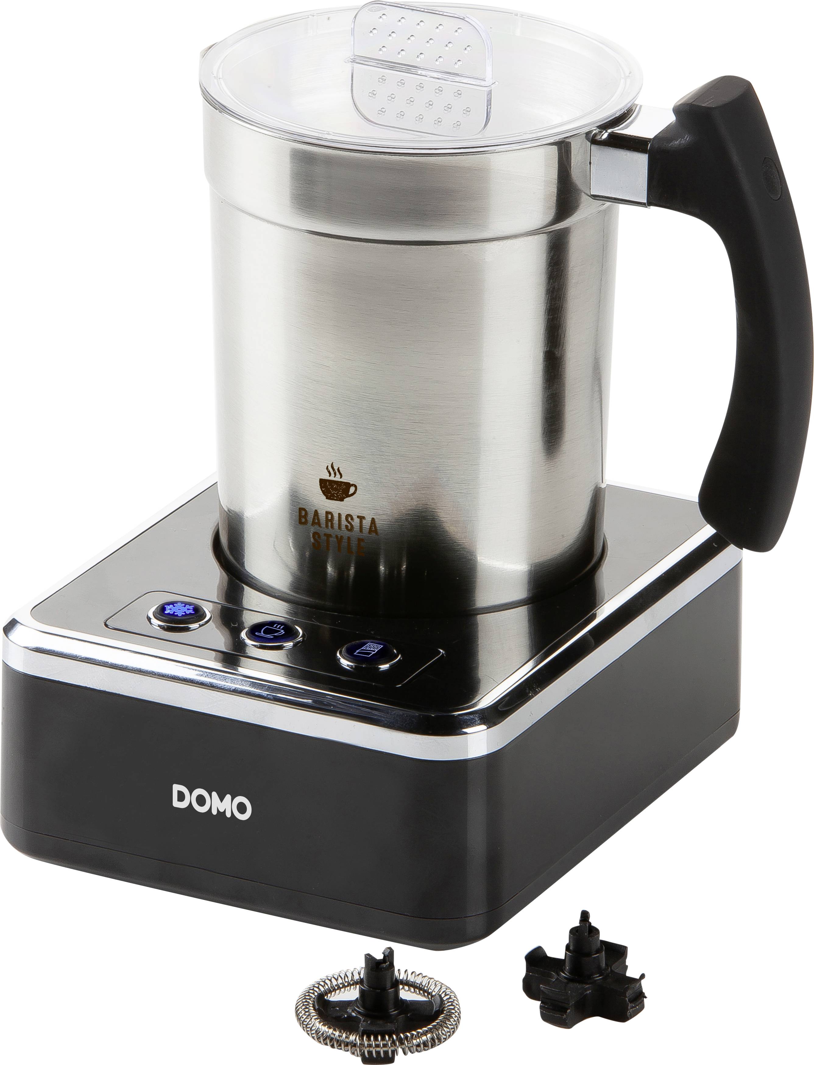 Electric milk frother made of stainless steel with a black handle and base, two control buttons and interchangeable attachments.