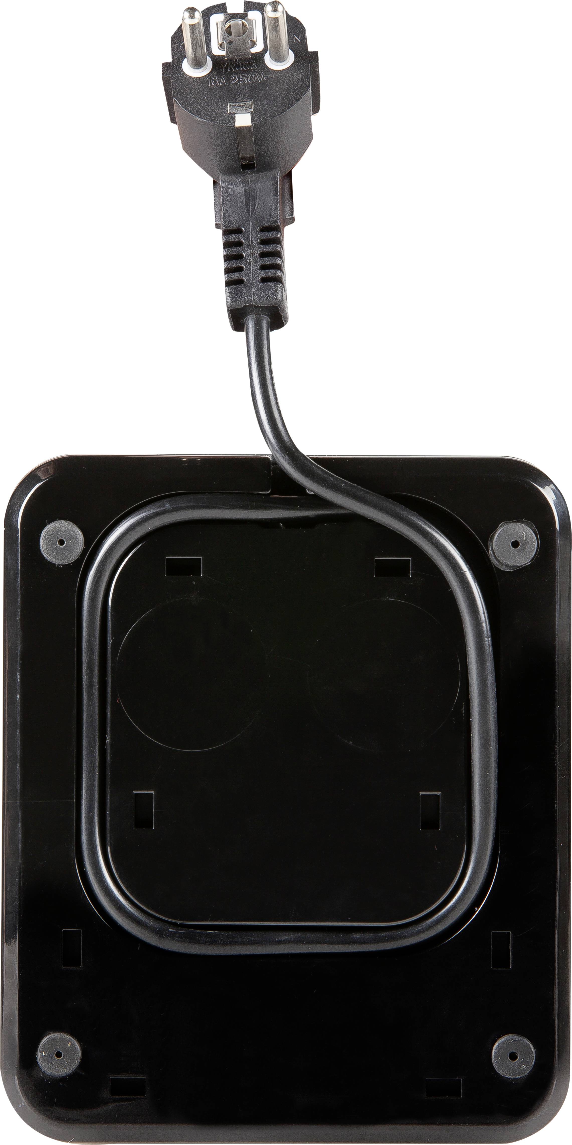 A black electric device with a cable that winds through a square mechanism.