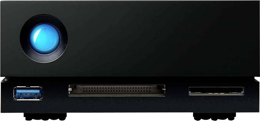 External hard drive with blue illuminated button on the left, USB port on the right, and multiple interfaces at the front.