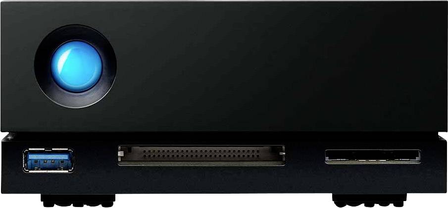 Black external hard drive with blue illuminated LED indicator and multiple ports on the front panel.