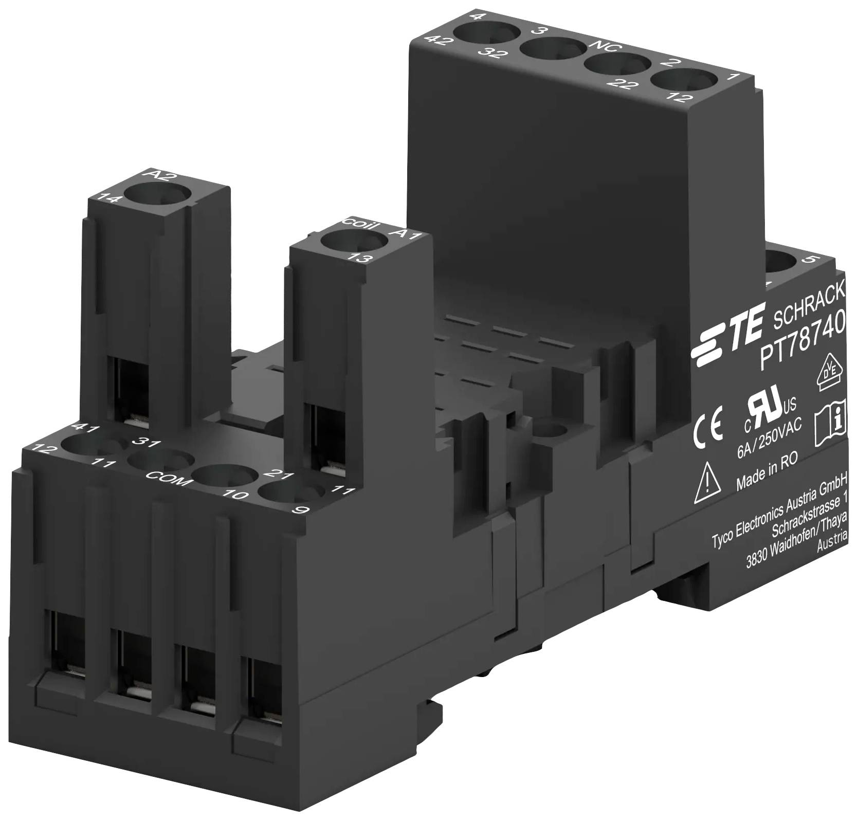 A black technical plug adapter with six socket slots and relevant technical markings and certifications.
