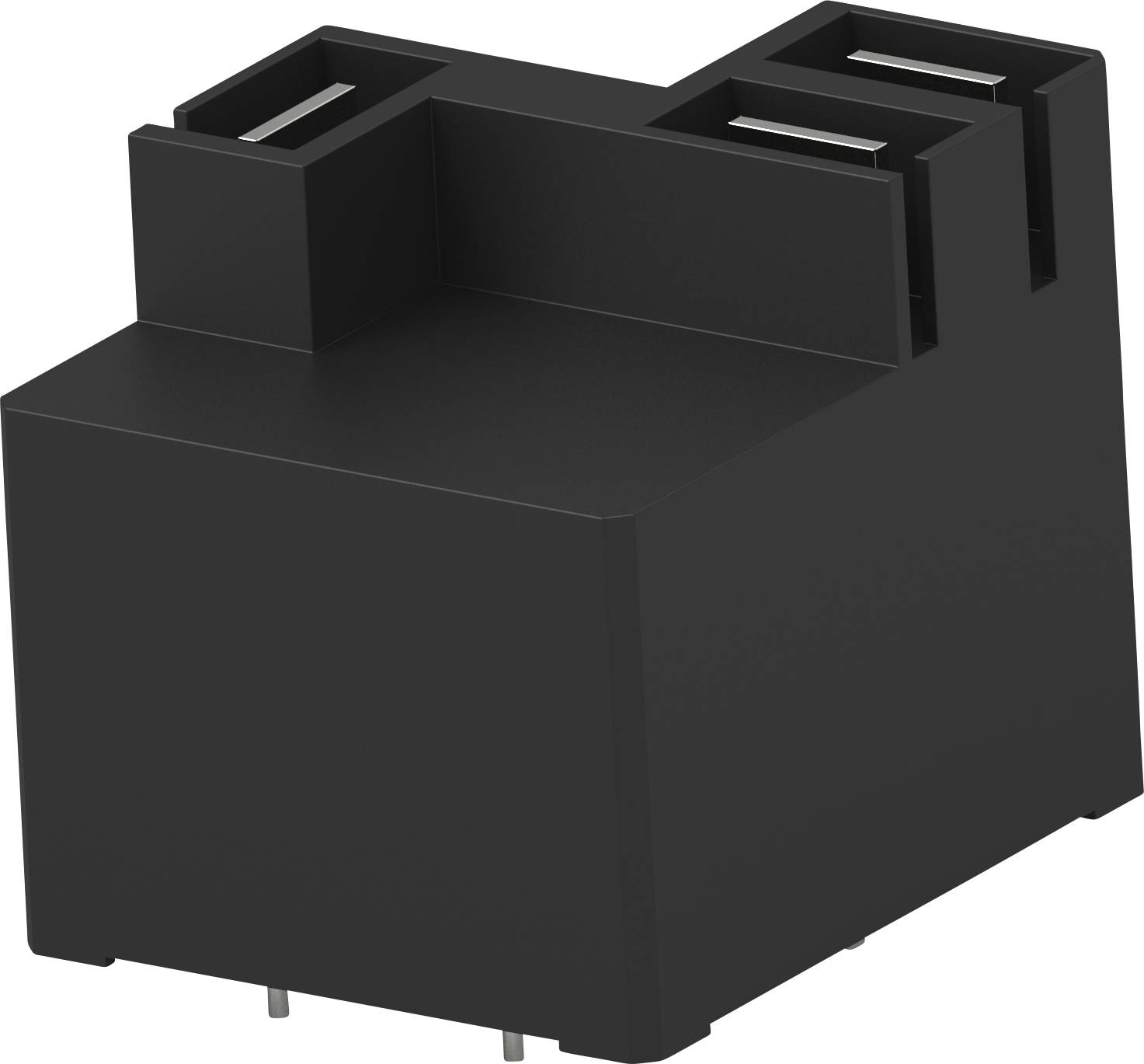 A black electrical connector with two vertical slots mounted on a rectangular base.