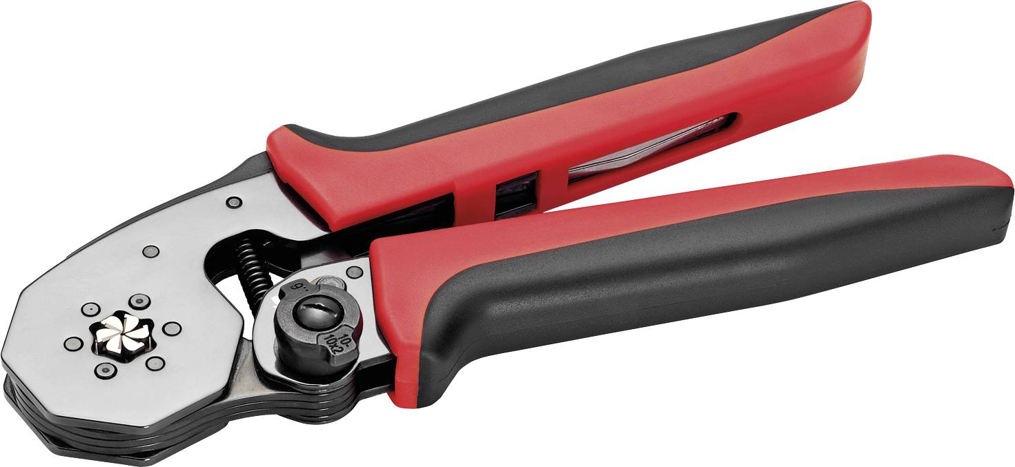 Crimping pliers with red and black handles, open. Tool for crimping cable connections in electrical and mechanical applications.