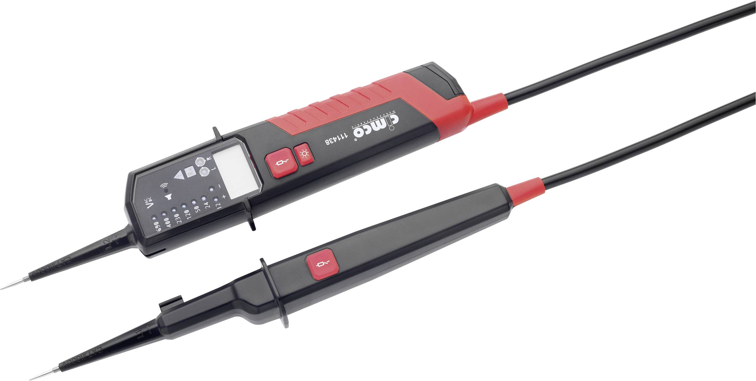 A voltage tester with display, buttons and two test probes, suitable for measuring electrical voltage and inspections.