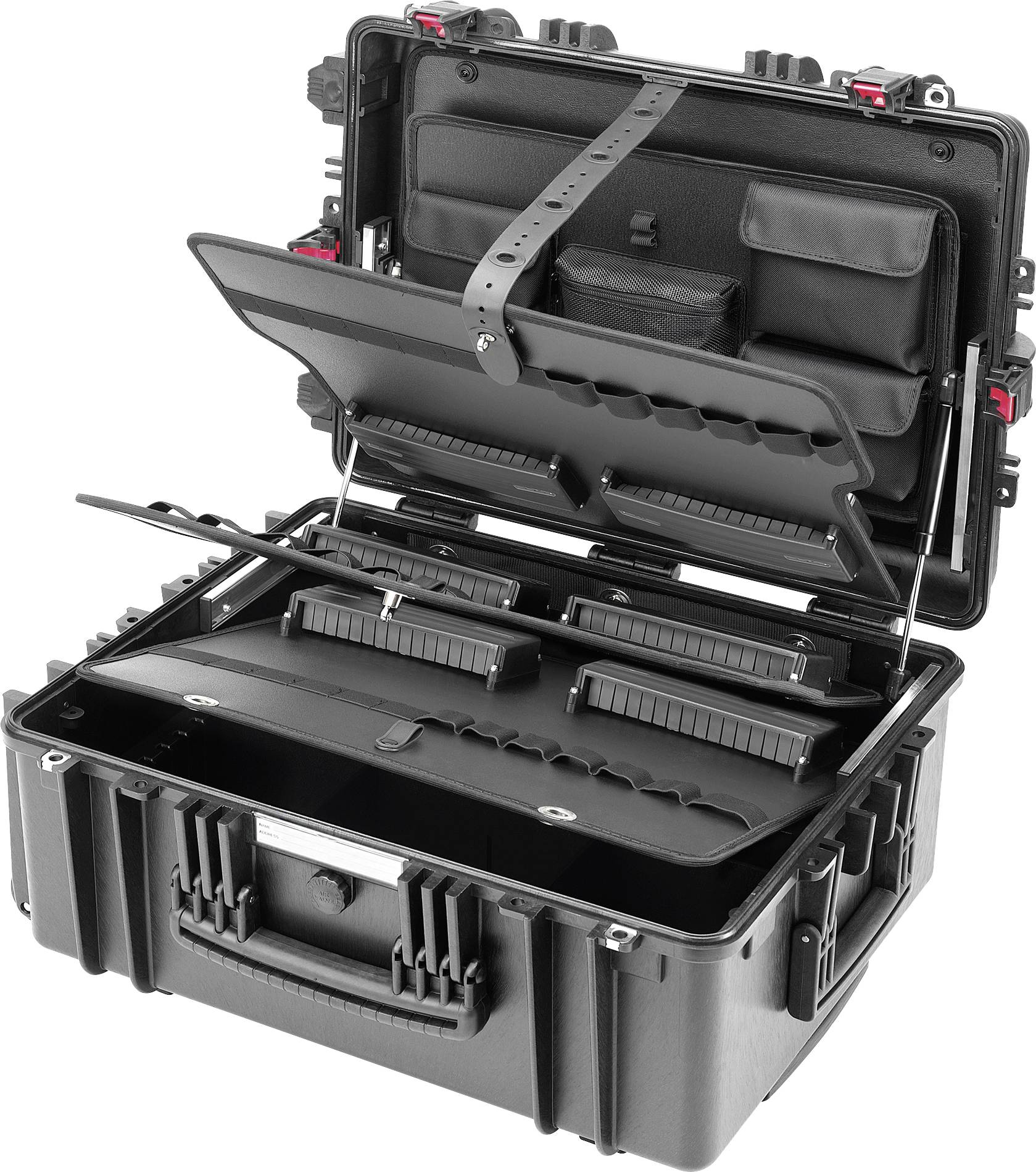 An opened, black security transport case with multiple compartments and holders, suitable for storing and organising equipment items.