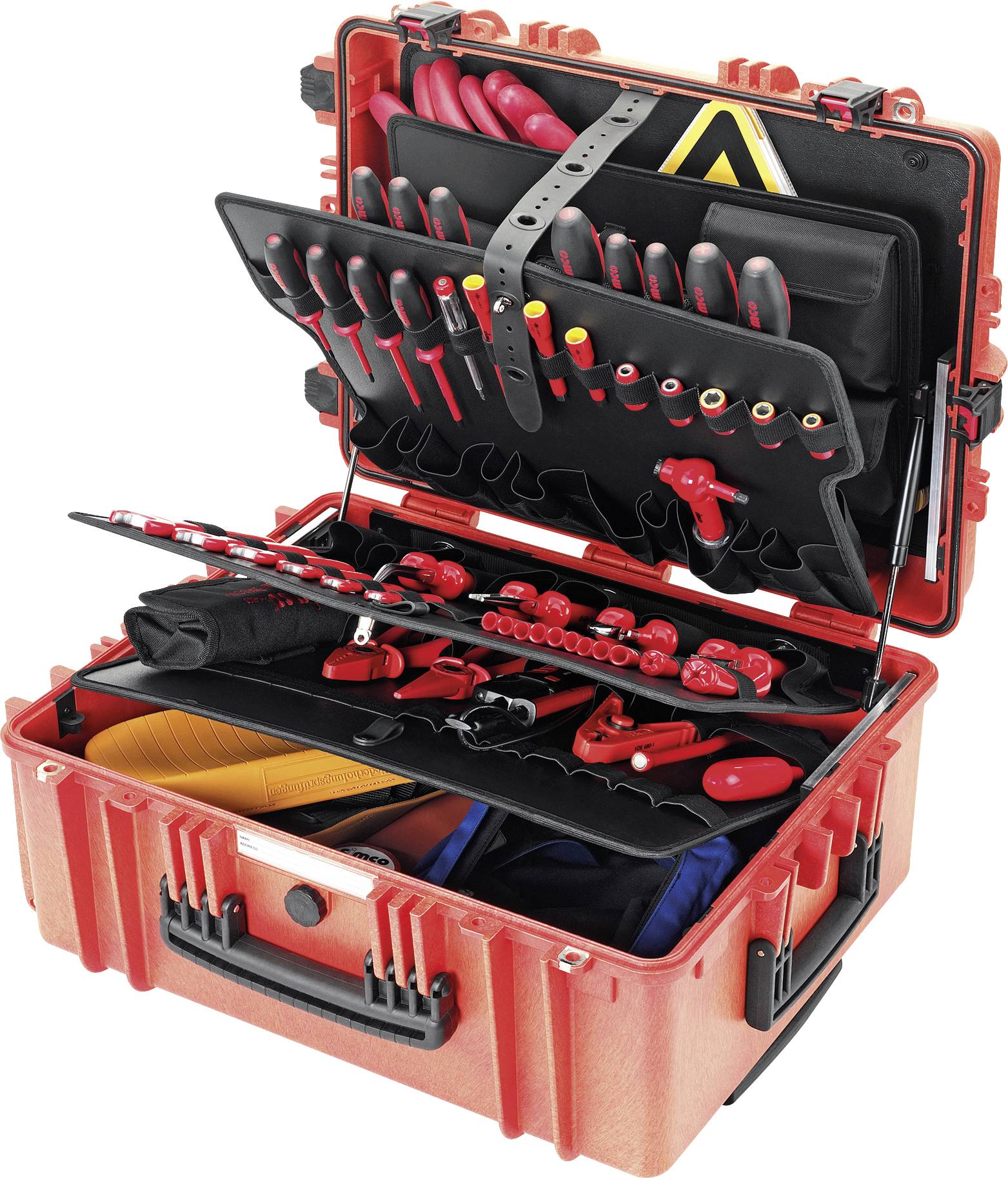 An opened red toolbox with insulated tools for electricians. The tools are securely and neatly arranged.