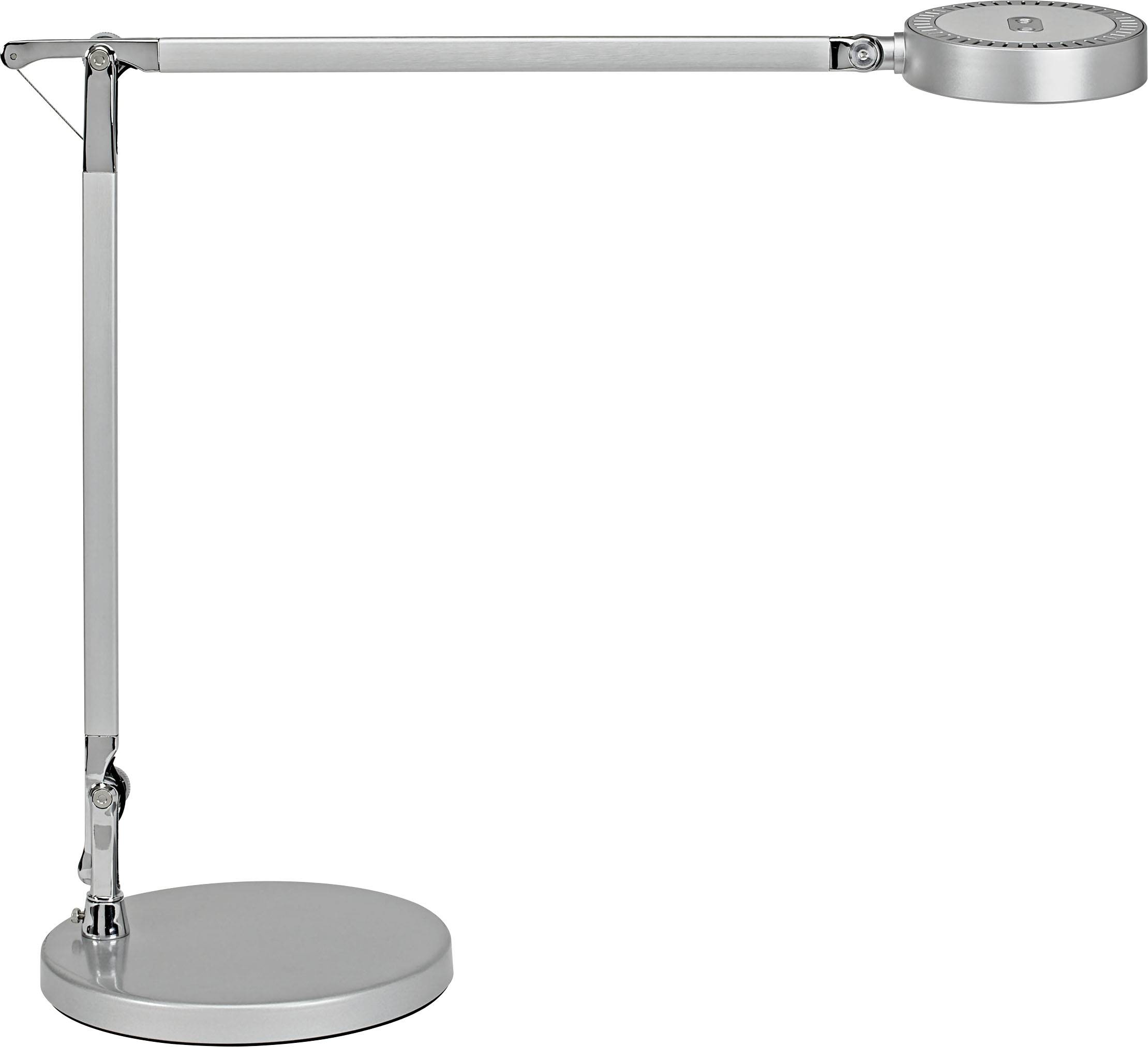 A modern, silver desk lamp with an adjustable arm and a round lampshade.