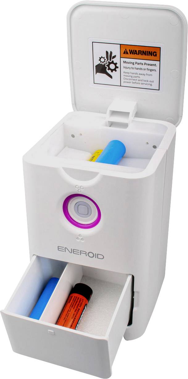 Automatic Battery Charger for Rechargeable AA/AAA Batteries. Open flap reveals inserted batteries and warning notice.