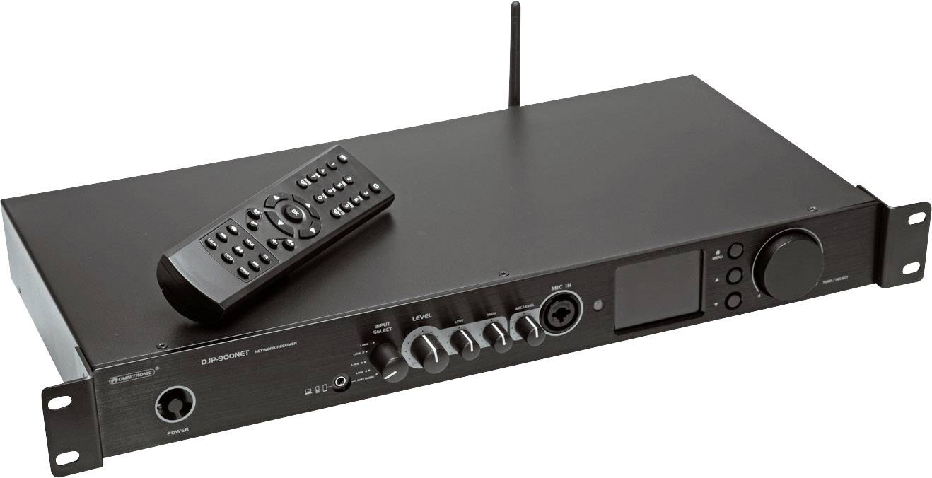 Black audio rack device with multiple controls and connections; remote control resting on top. Device has an antenna.