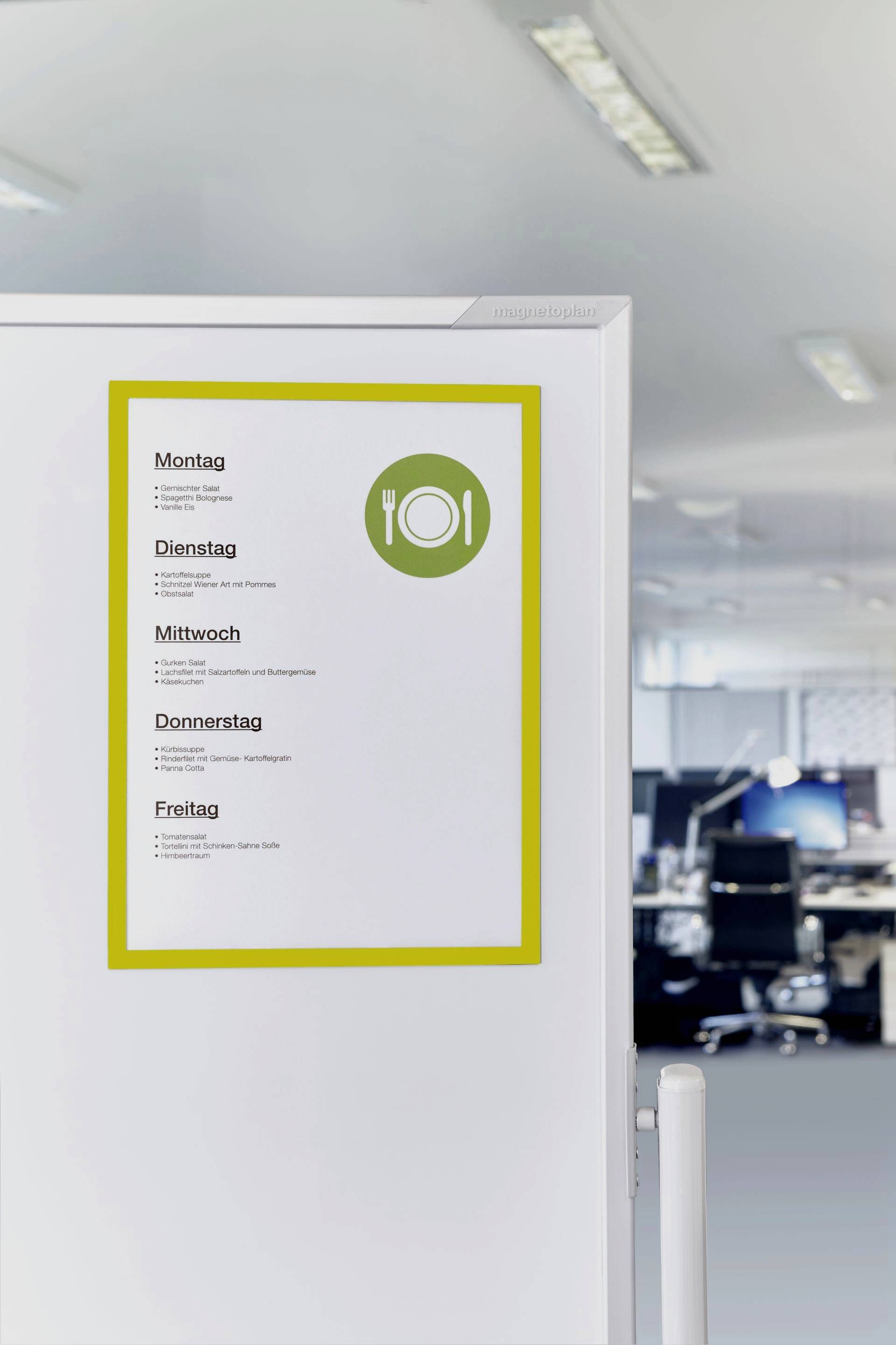 Meal Plan with Days of the Week: Monday to Friday. Each Day Shows Different Dishes or Food Options. Background is an Office.