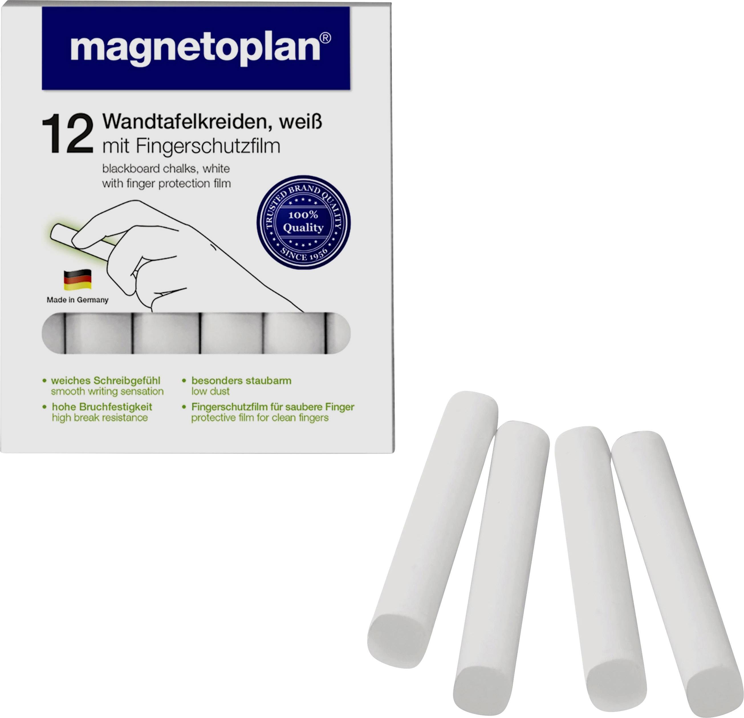 Pack of 12 white whiteboard chalks by Magnetoplan, including finger protection film. Made in Germany.