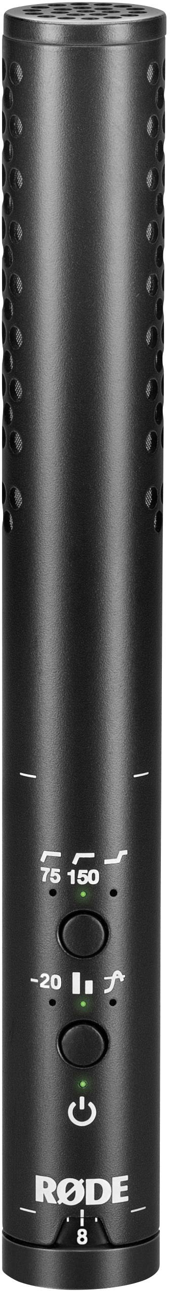 A black, cylindrical microphone with controls for level and filter. The brand name 'RØDE' is visible at the bottom.