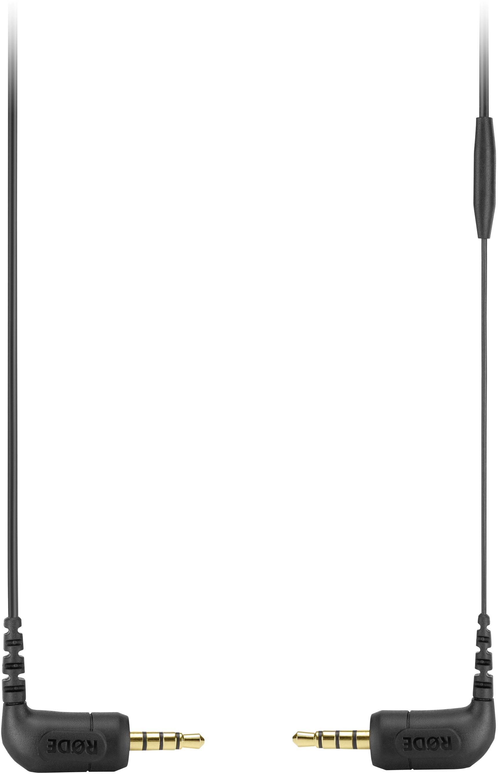 Two black 3.5-mm audio cables with gold-plated plugs are positioned opposite each other; one is labelled 'Rode'.
