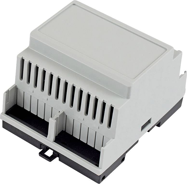 A grey electrical enclosure with ventilation slots, mountable on a DIN rail, is shown.