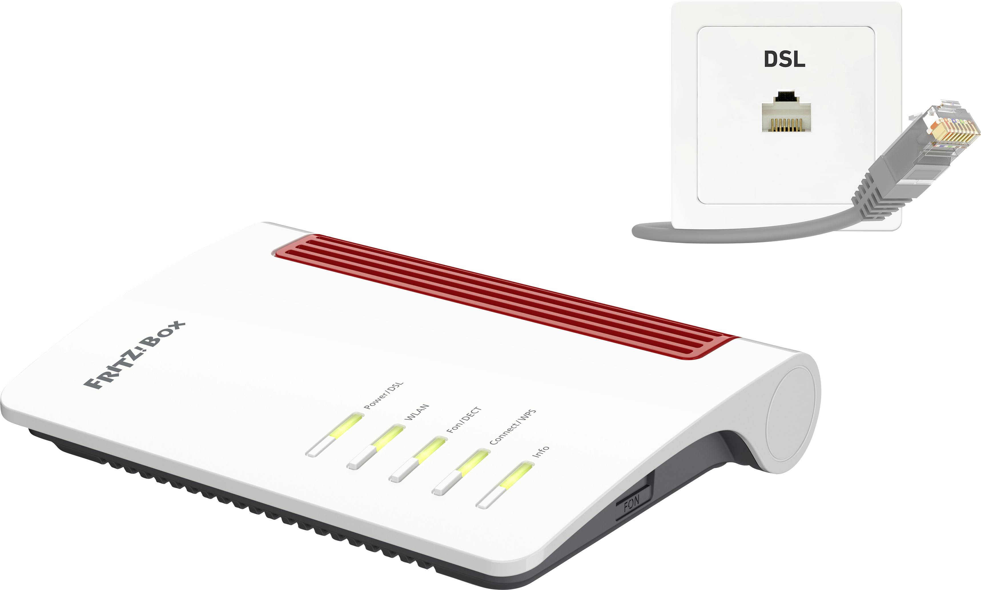 A white router with red accents, bearing the inscription 'Fritz!Box', next to a DSL socket with an ethernet cable plugged in.