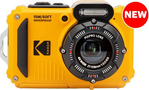 Waterproof yellow camera with 'Kodak' logo, 15M/50FT waterproof marking and red 'NEW' symbol in the top right corner.