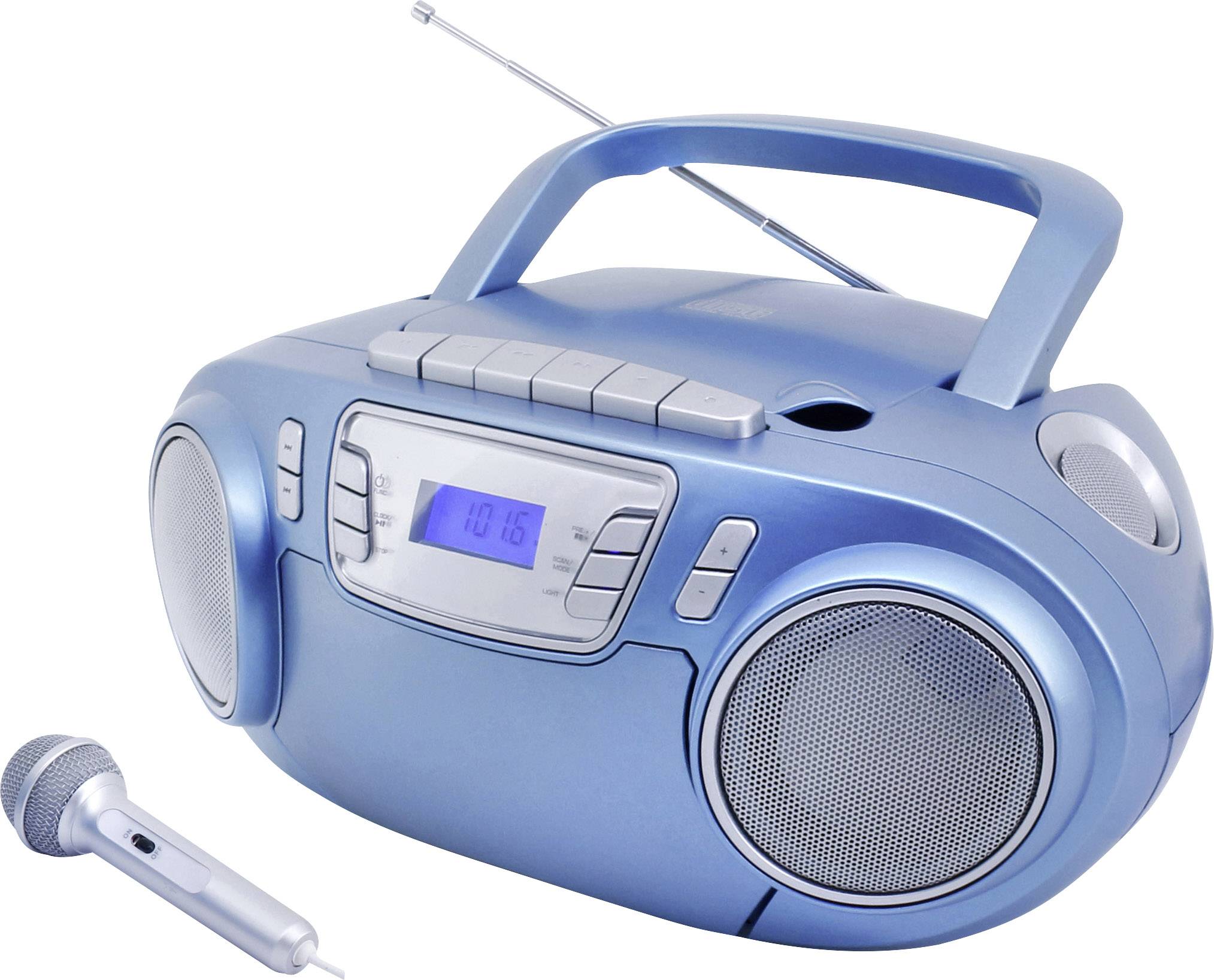 A blue portable radio cassette player with a display and microphone, showing the time as '10:16'.