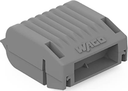 A grey connector with a ribbed surface, featuring the 'WAGO' inscription. Suitable for electrical connections.
