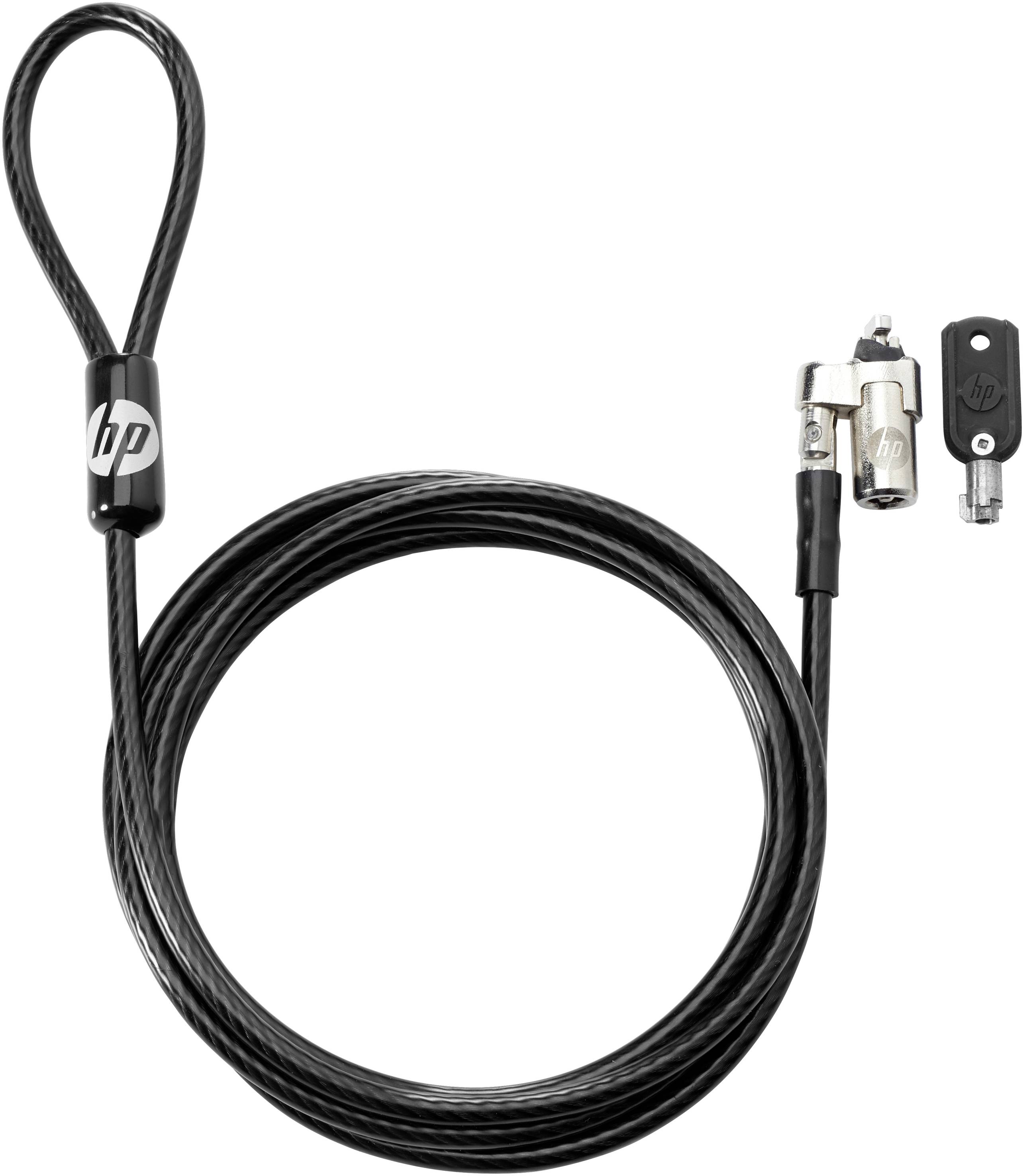 Security lock with cable, HP logo, for laptop theft prevention. Metal cable with loop and locking mechanism.