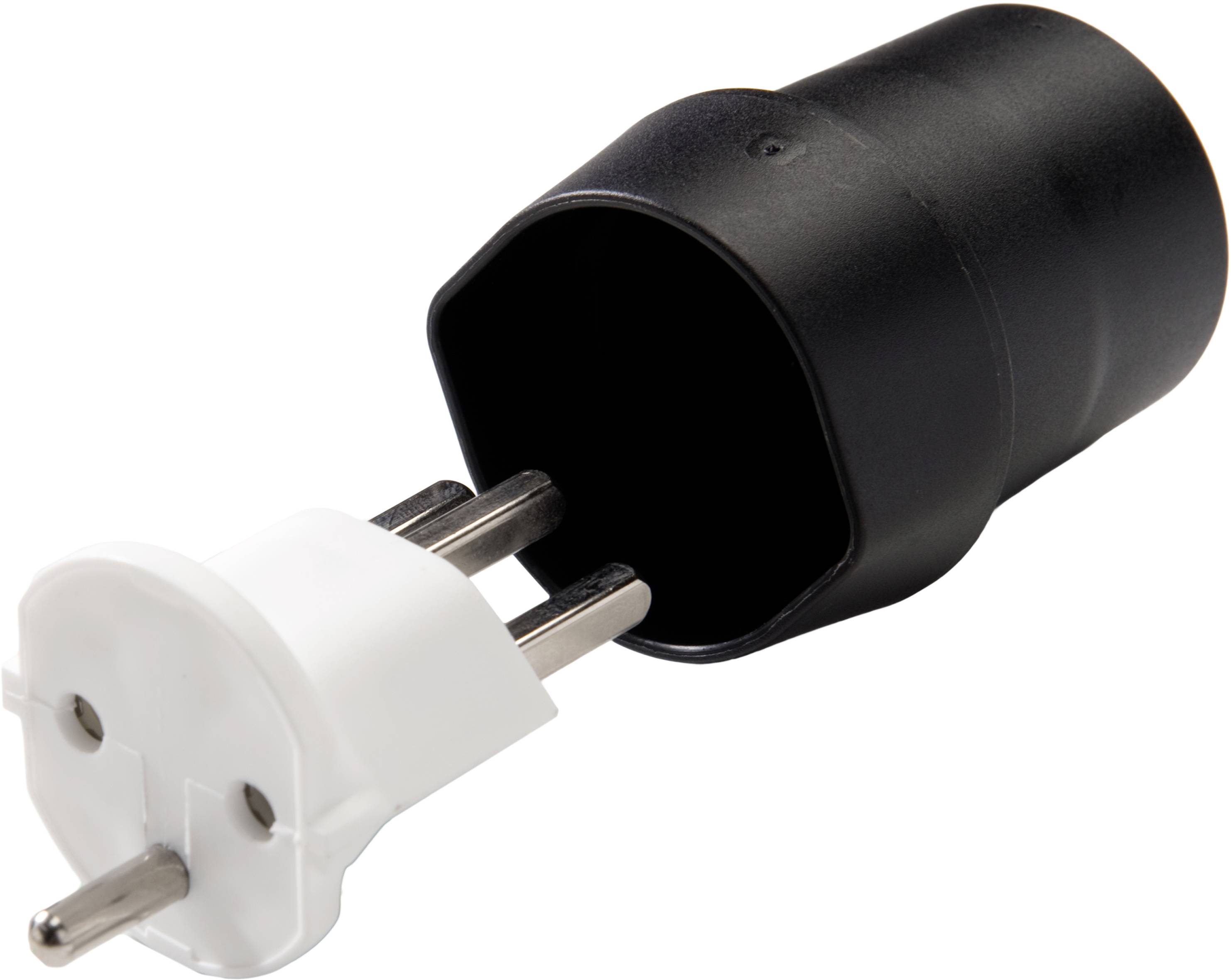 Black socket adapter with two silver pins and a white front section, suitable for European power sockets.