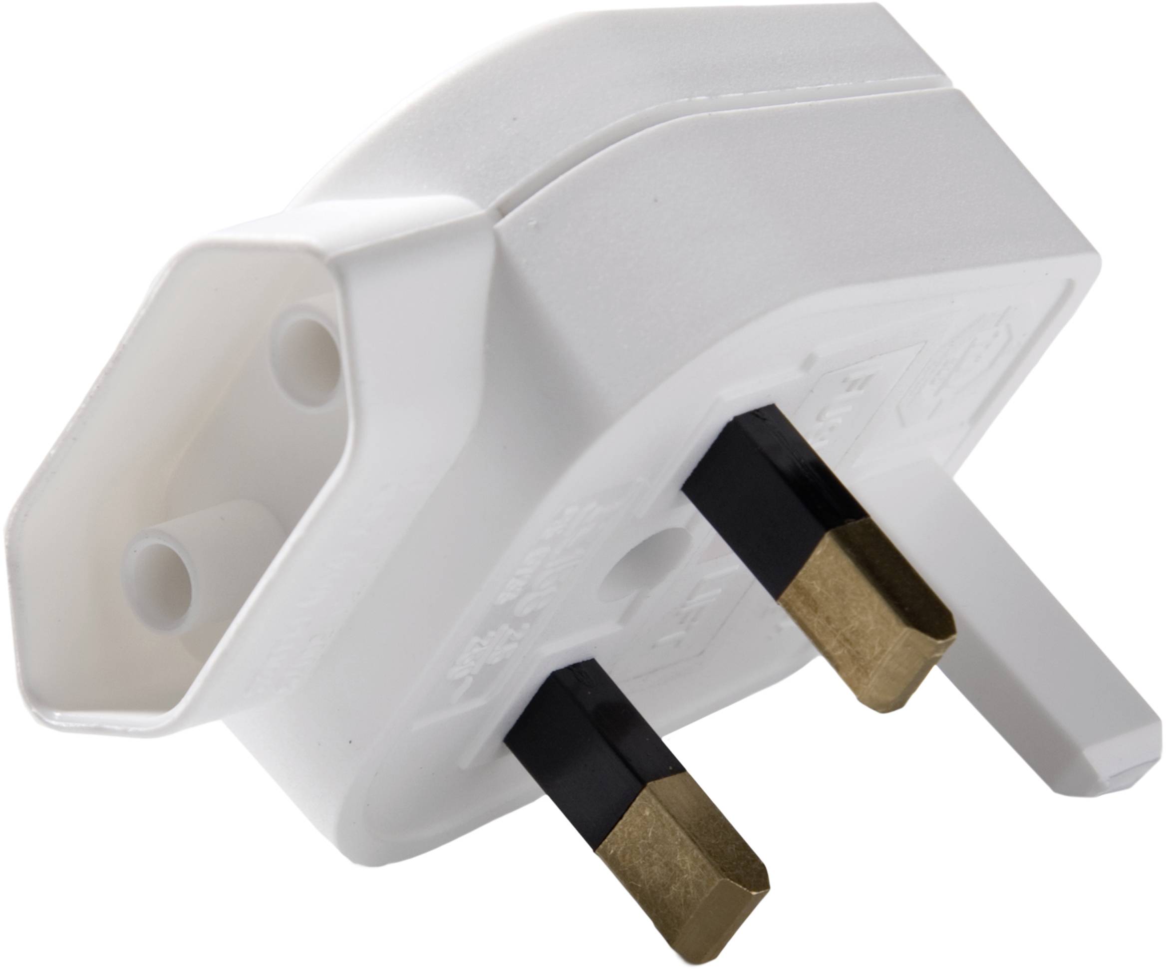 A white UK three-pin plug.