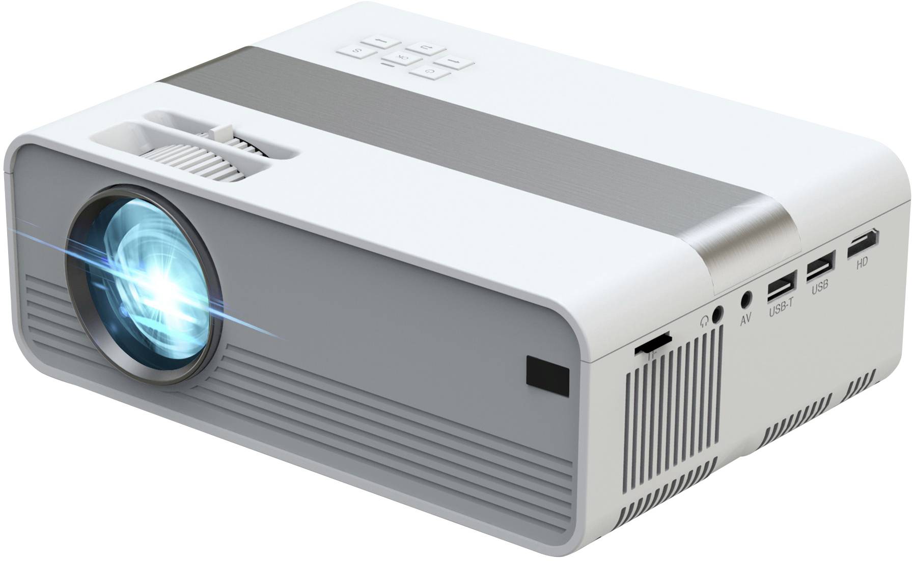 A modern, portable projector in white and grey displays a bright image, with multiple ports on the side.
