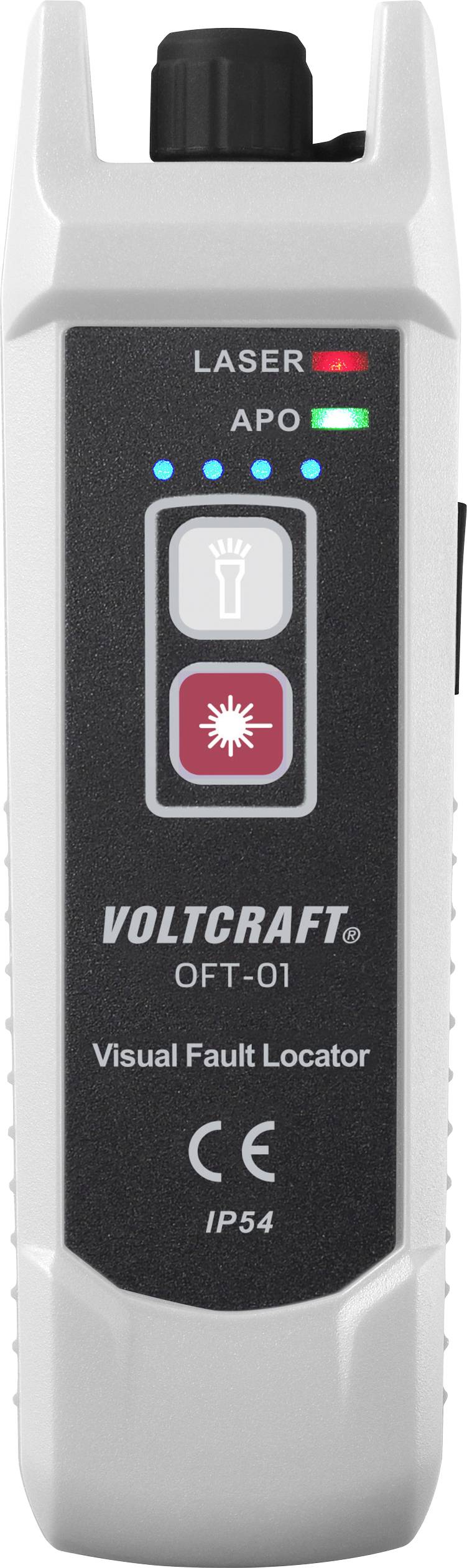Portable device for optical fault localisation with red laser indication and green 'APO' indicator light. 'VOLTCRAFT OFT-01' label visible.