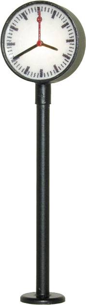 Analogue clock on a tall black post, showing twelve o'clock.