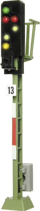 A model railway signal with four lights: green, yellow, yellow, and red. A sign with the number '13' is attached to the post.
