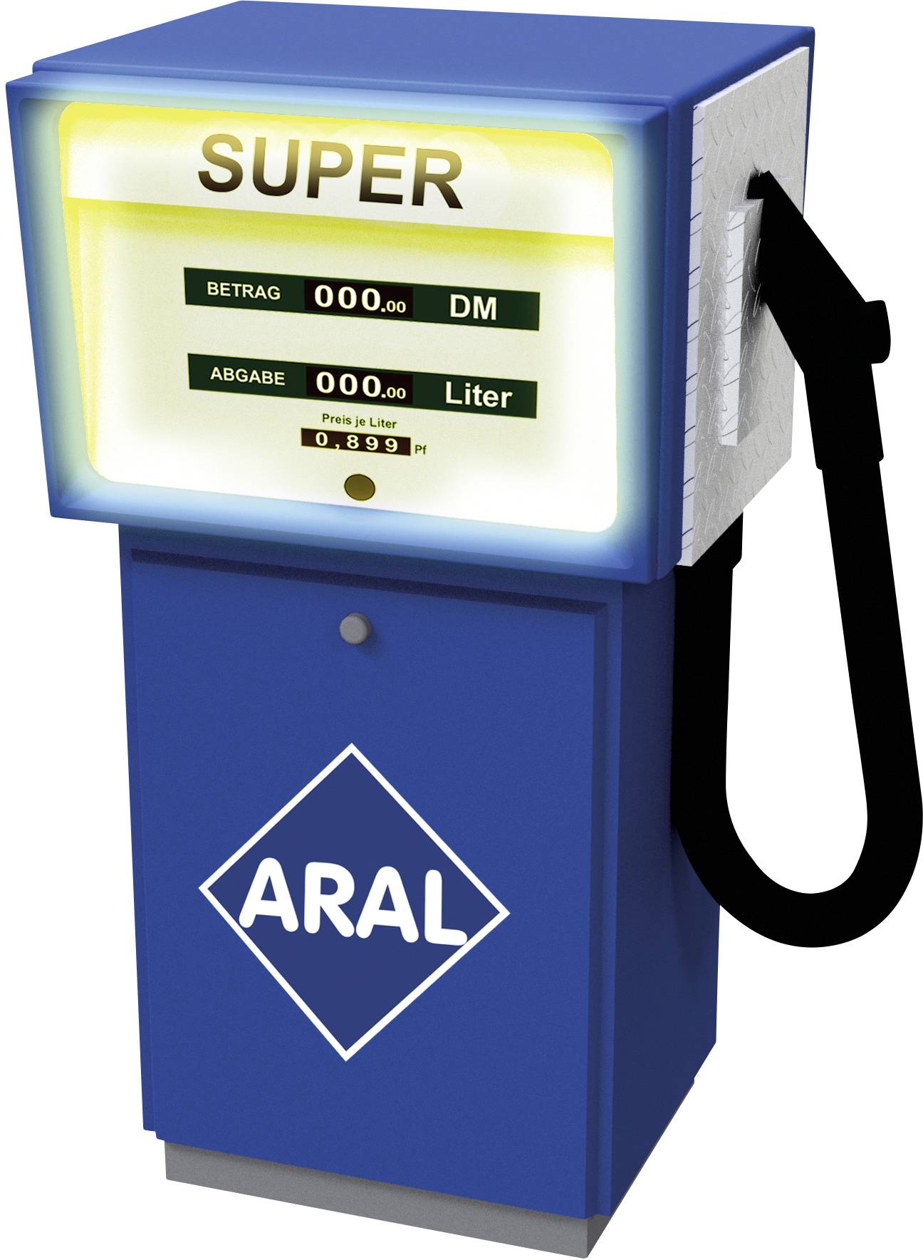 A blue Aral petrol pump with the inscription 'Super'. Display shows 'Amount 000.00 DM' and 'Dispensed 000.00 litres'.